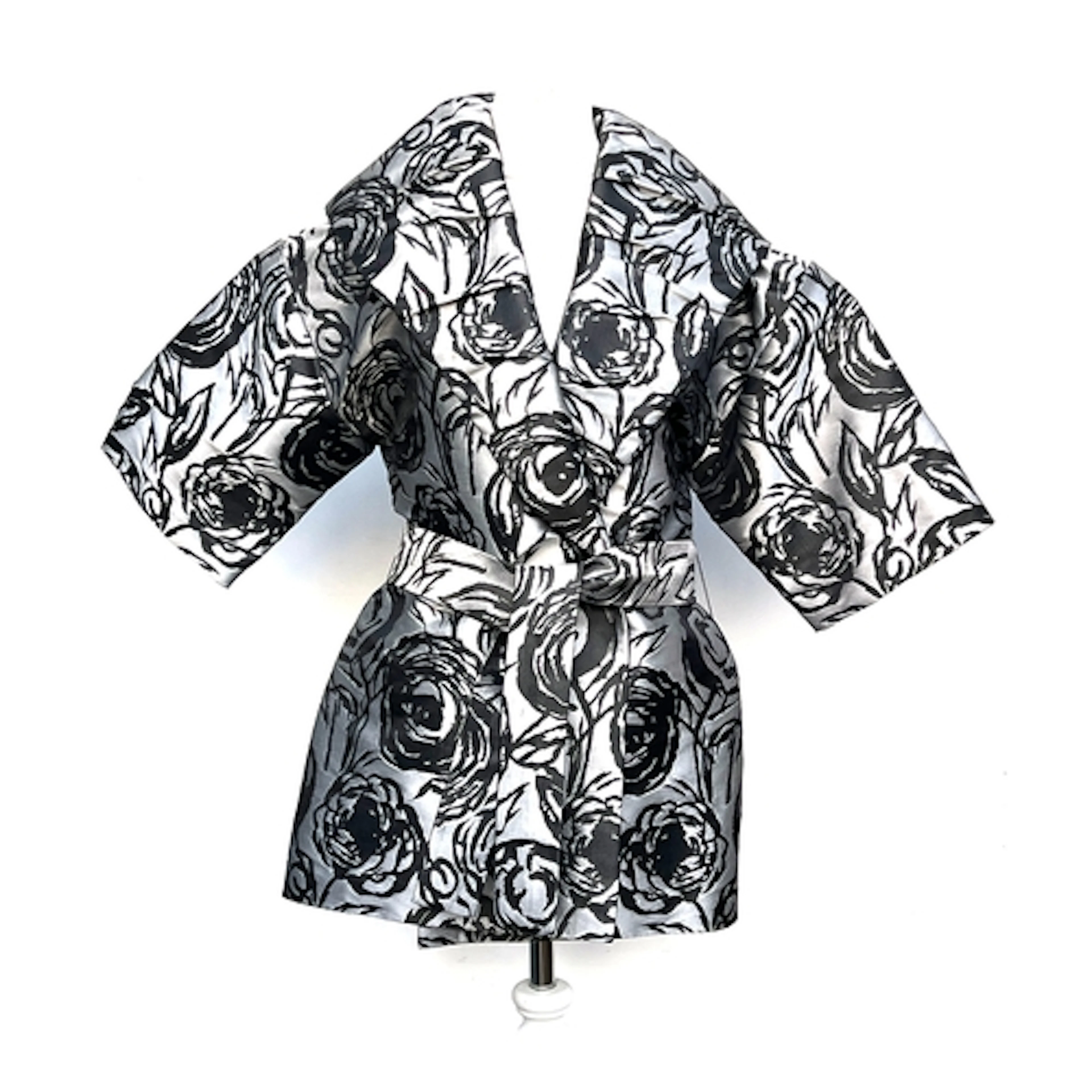 A St. John grey and black silk blend jacket in an abstract f...