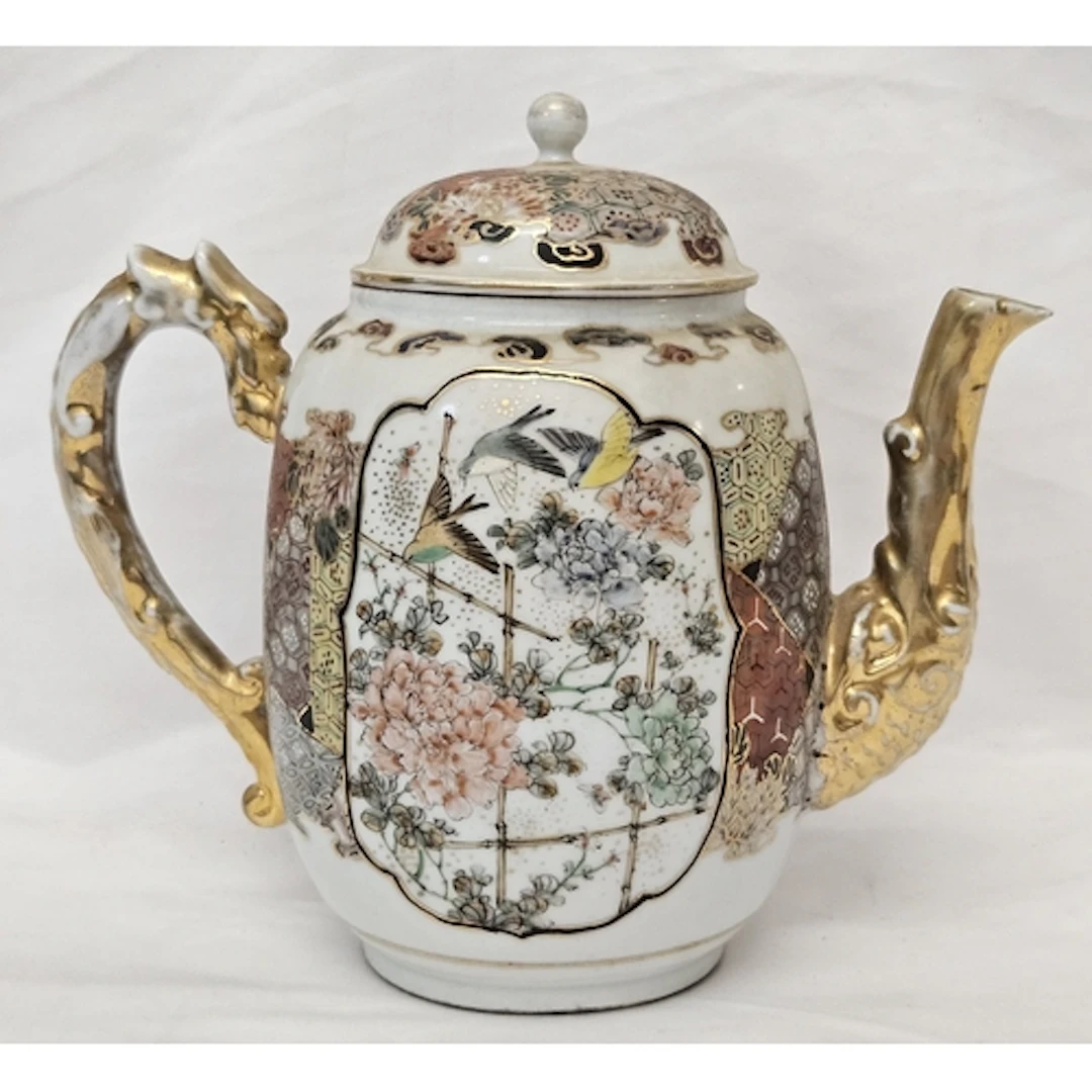 Japanese Porcelain Teapot decorated with panels of birds & f...