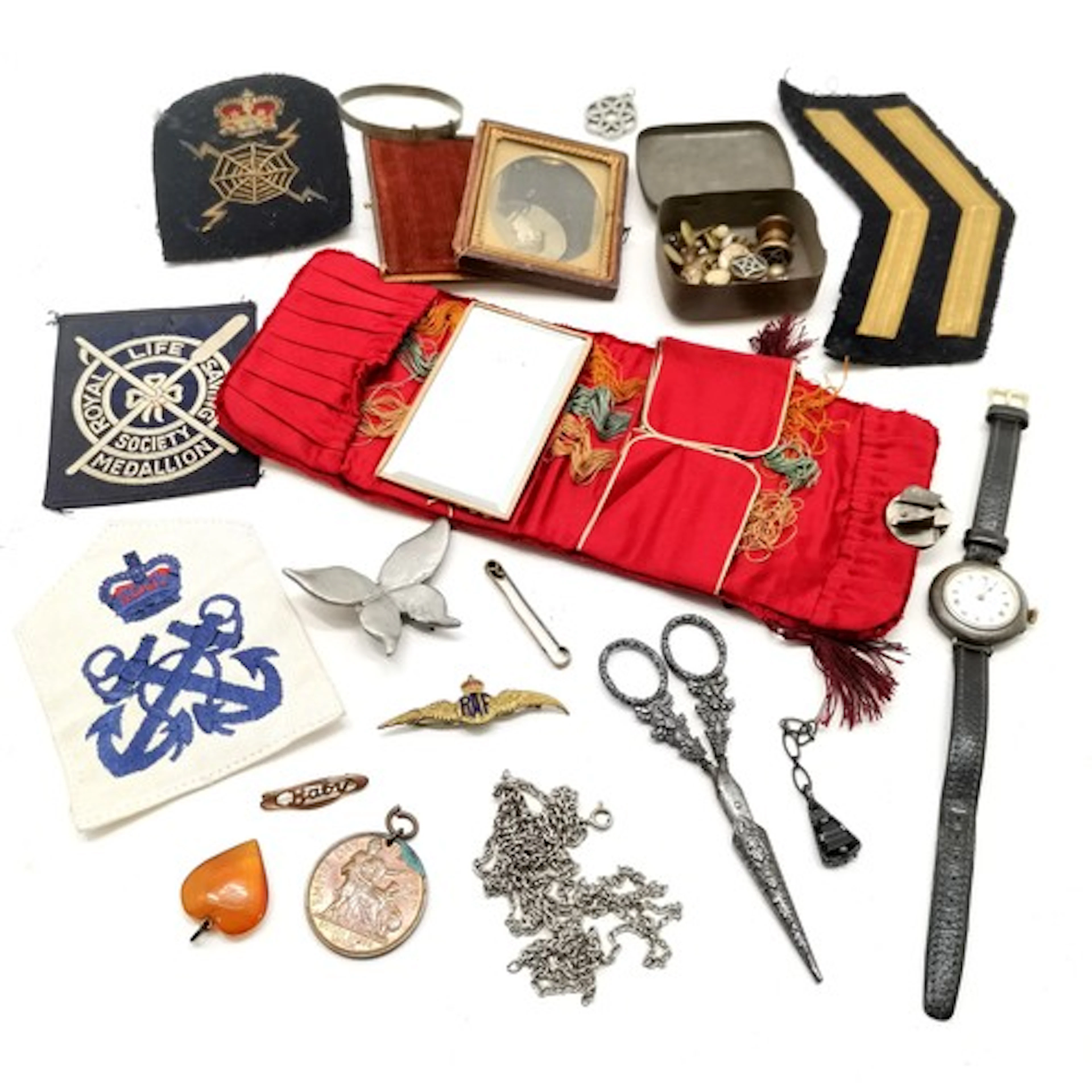Qty of oddments inc naval badges, gun metal wristwatch, ambe...