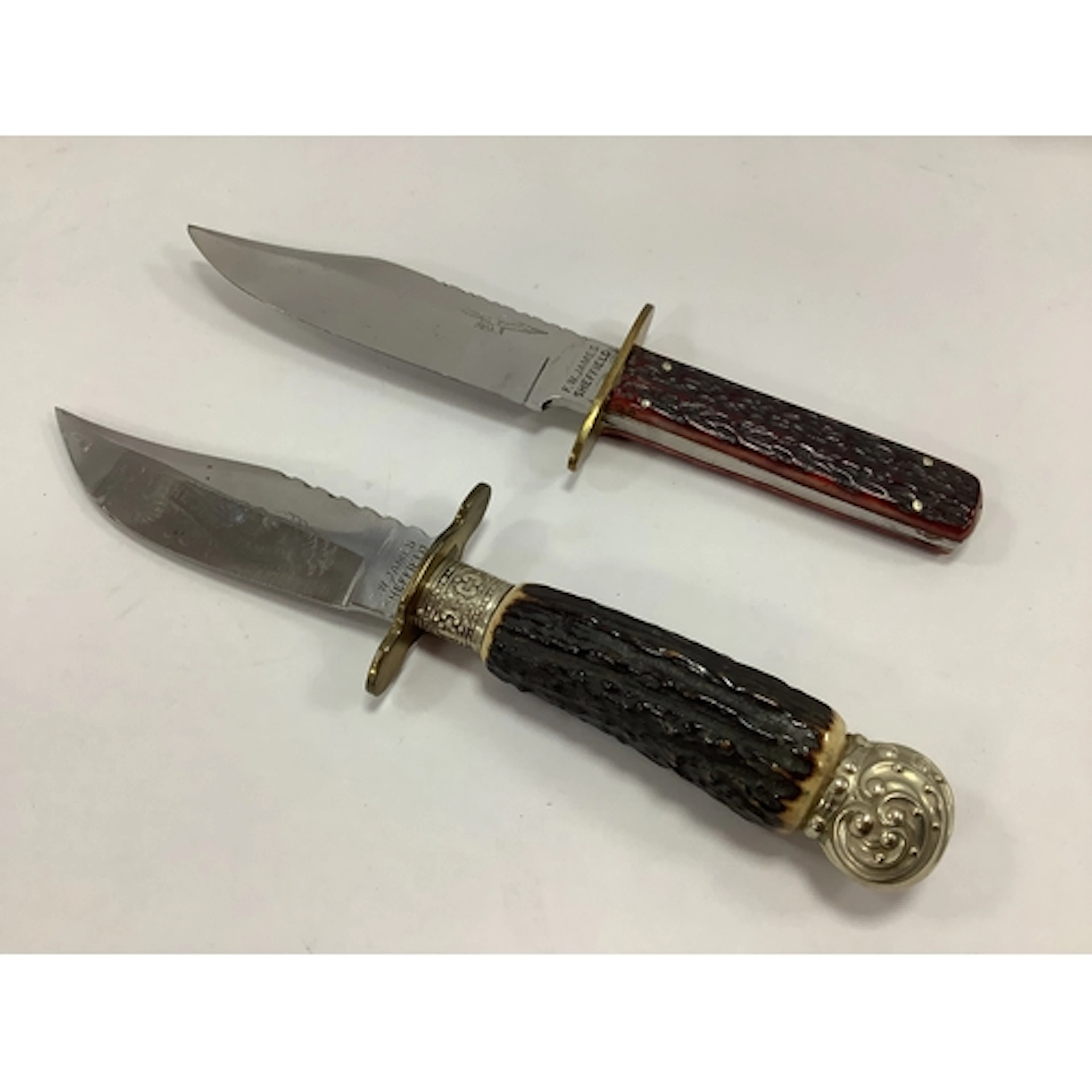 Two F.W James Sheffield Hunting Knives, stag handles, both b...