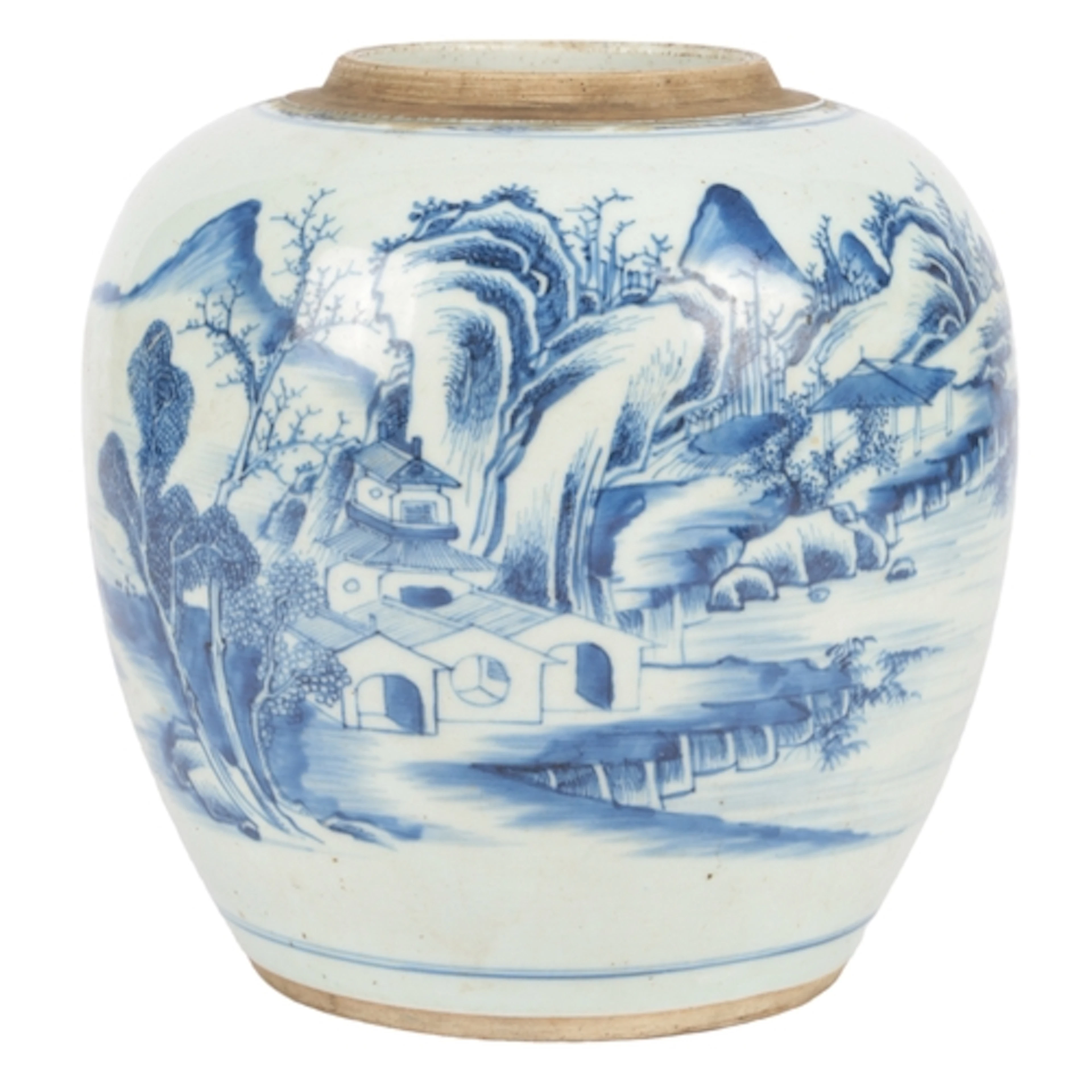 A Chinese blue and white landscape ovoid jar, Kangxi period,...