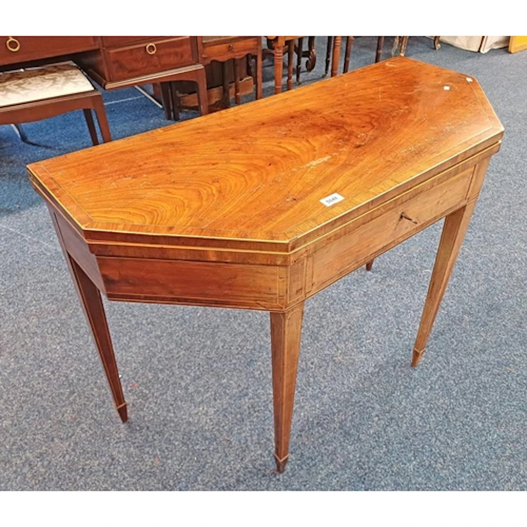 LATE 19TH CENTURY INLAID MAHOGANY TURNOVER TEA TABLE WITH SI...