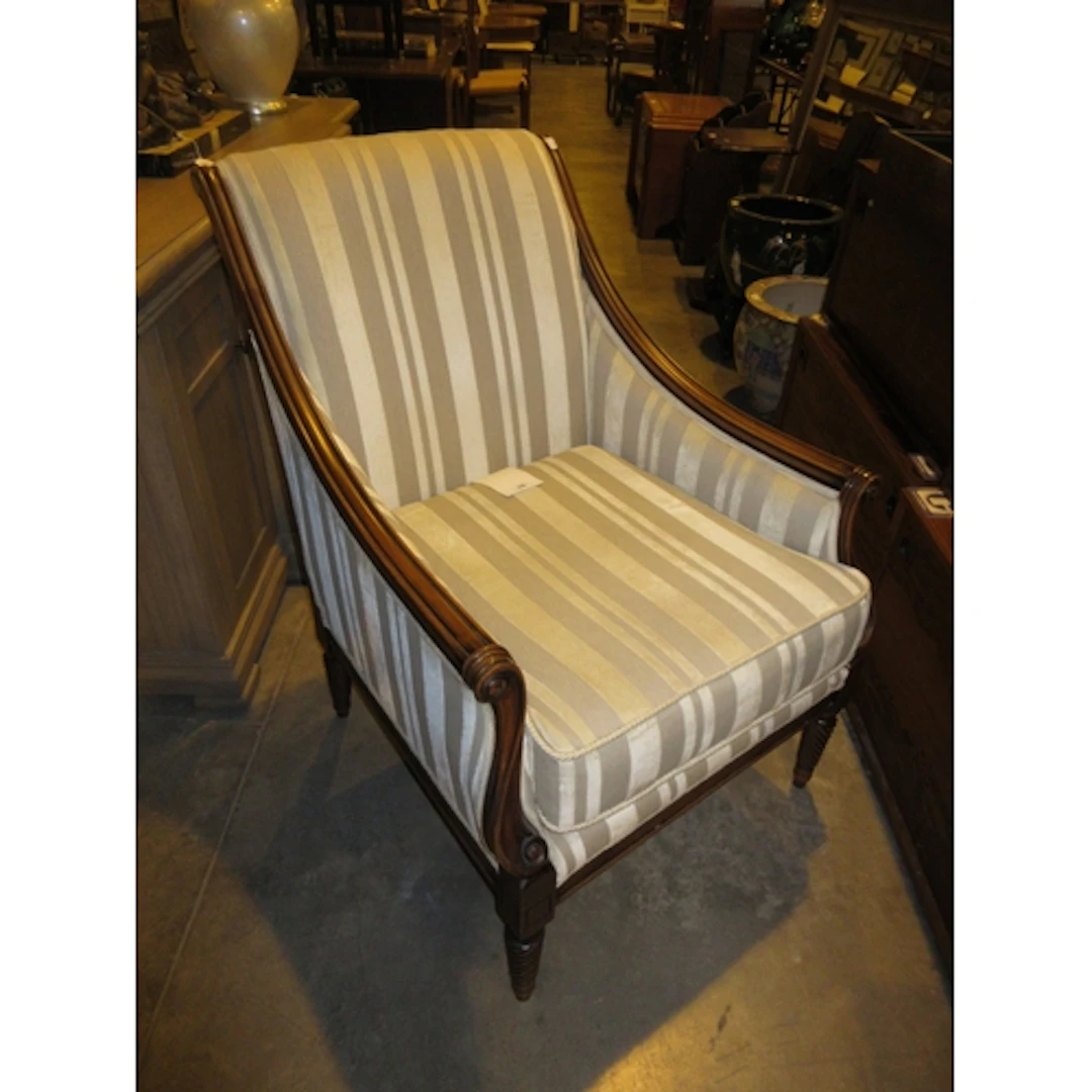 Mahogany and Striped Fabric Accent Lounge Chair
