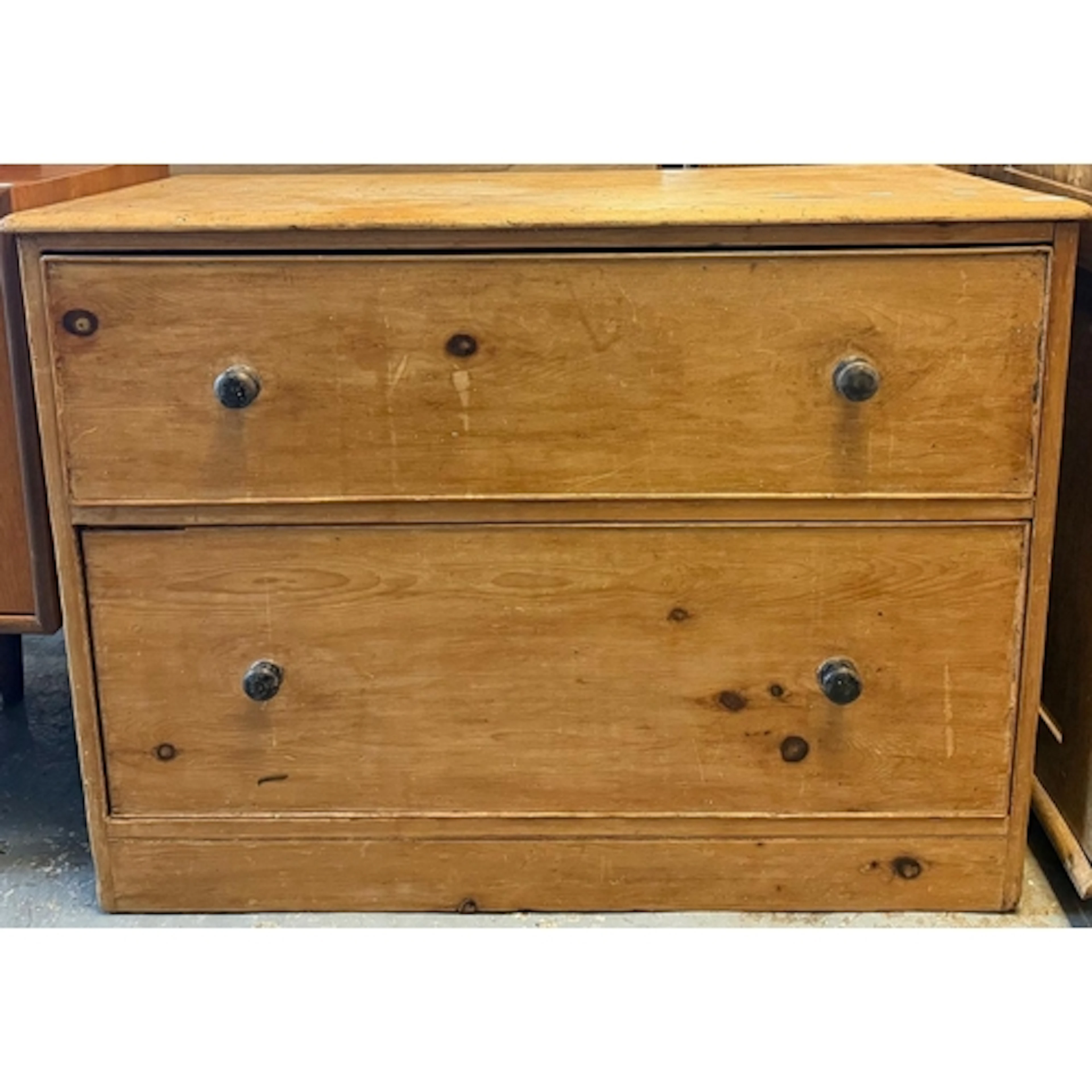 19th century pine low chest of two cock beaded drawers. 100x...