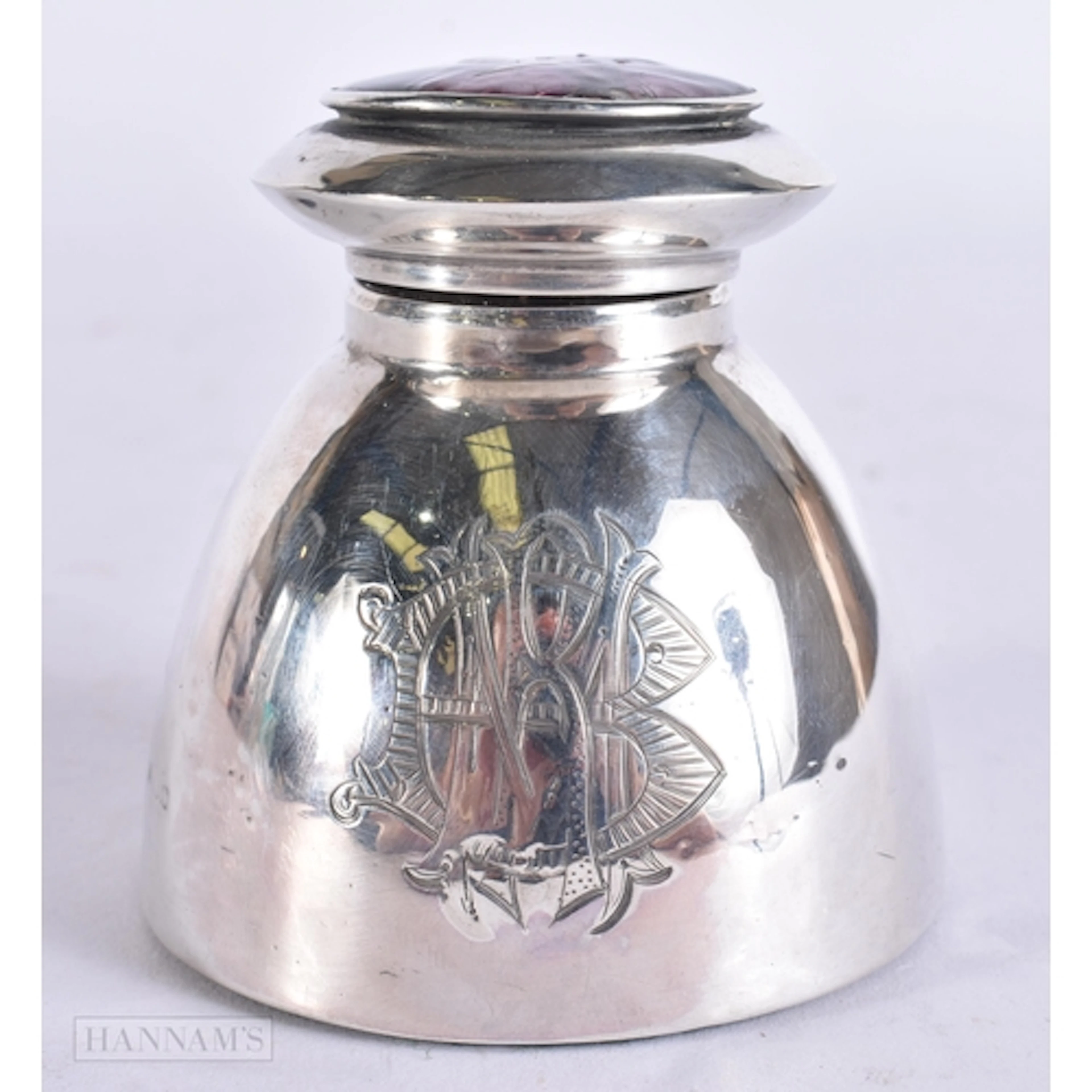 AN EDWARDIAN SILVER AND LIMOGES ENAMEL INKWELL. 217 grams ov...