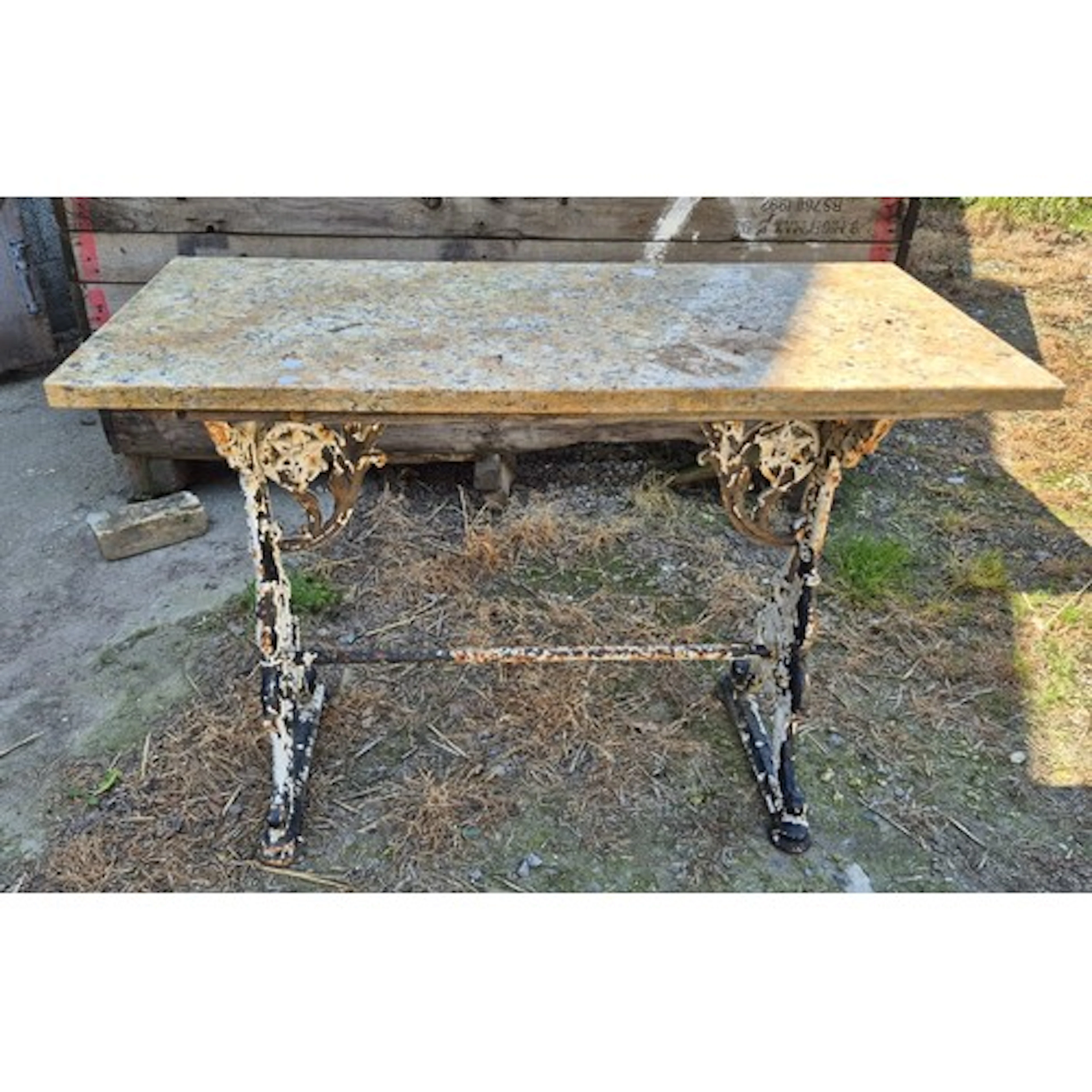 A 19thC cast iron table with removable marble top. 80cm h x ...