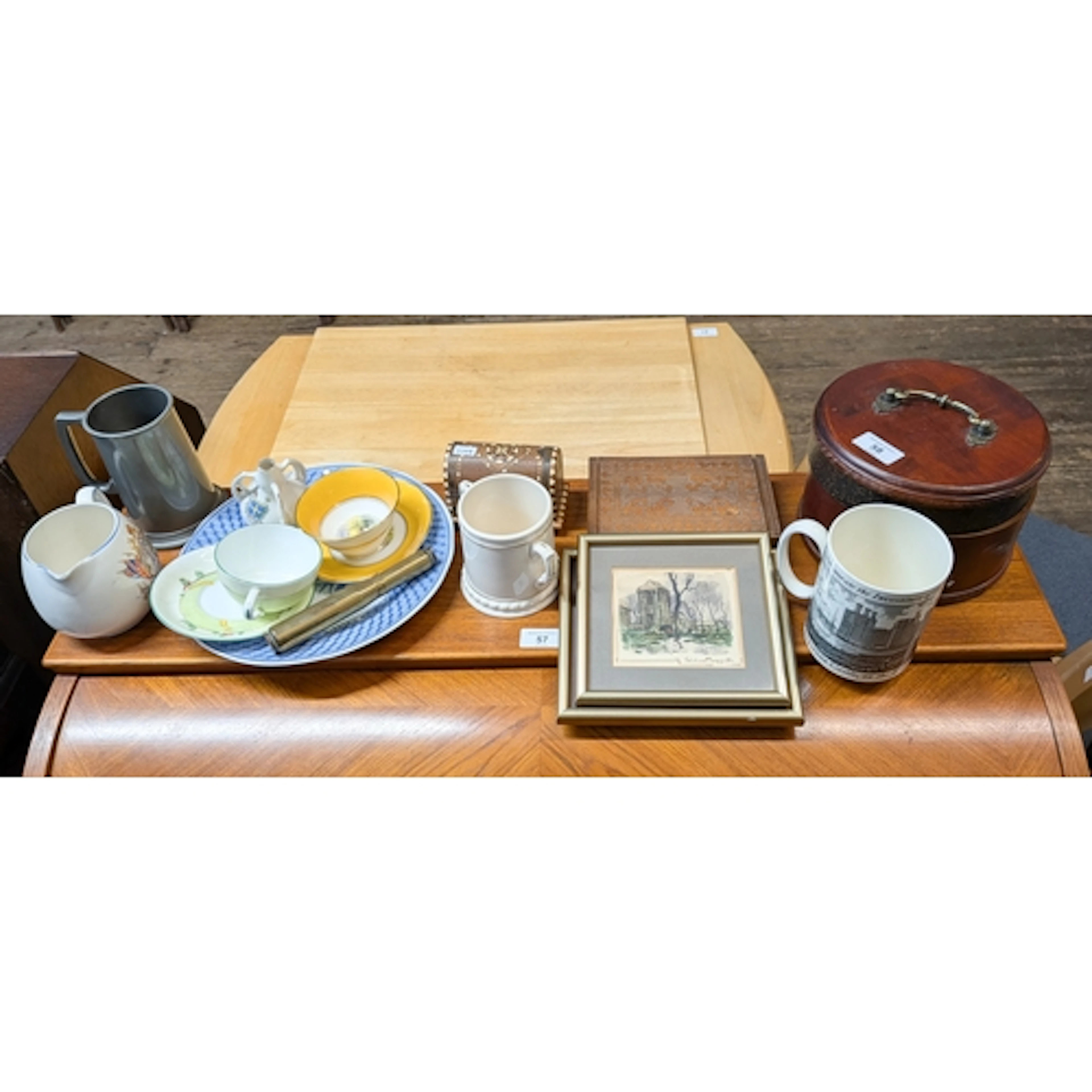Collectables to include a small picture, tankards, a brass s...