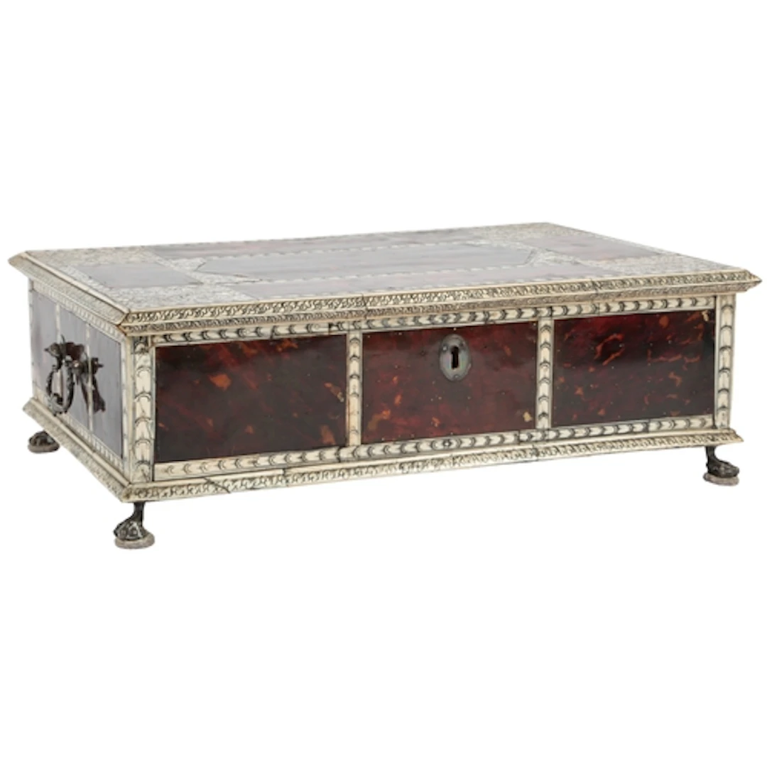 An Indo-Portuguese ivory, tortoiseshell and white metal work...