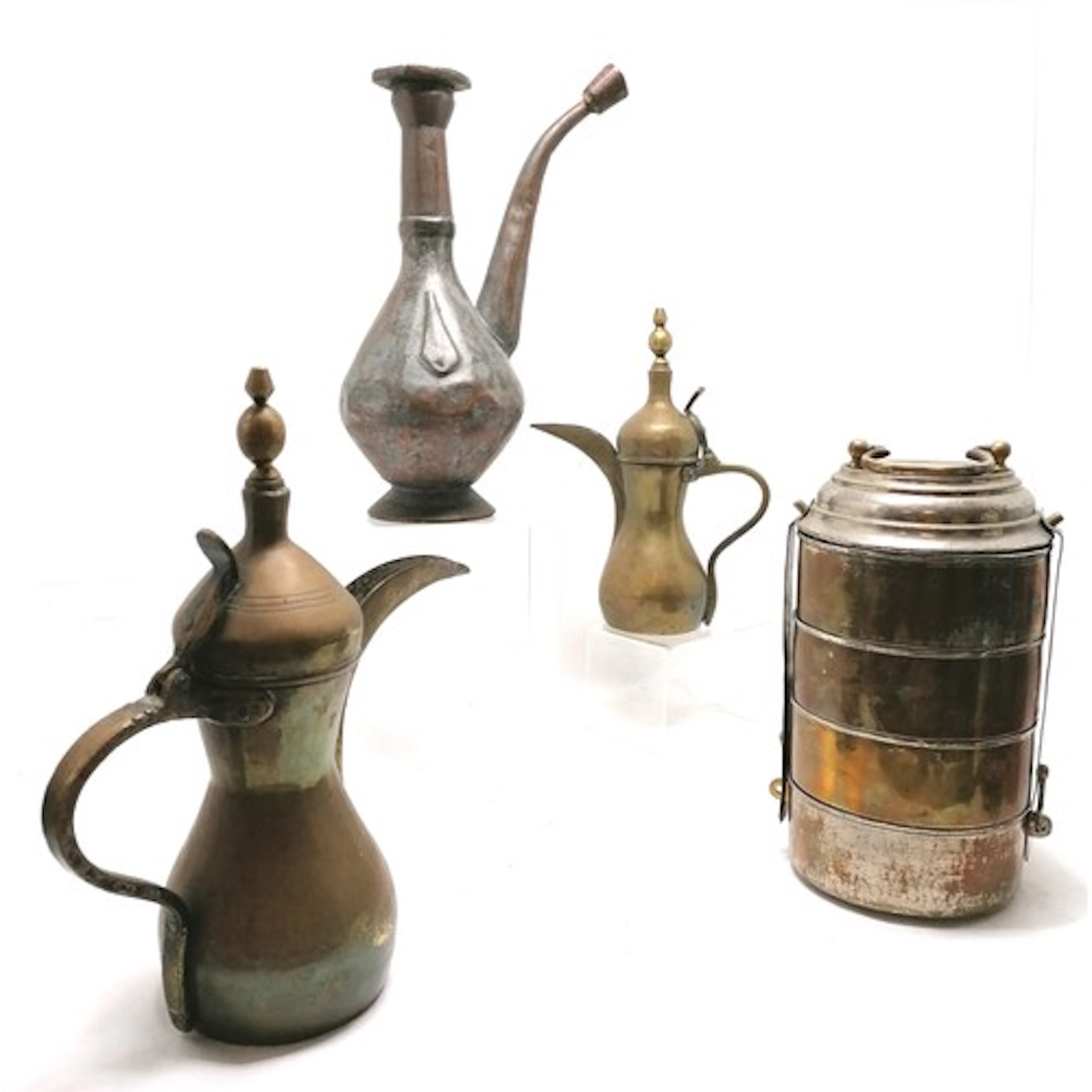 Ottoman tinned copper ewer 37cm high, 2 antique brass dallah...