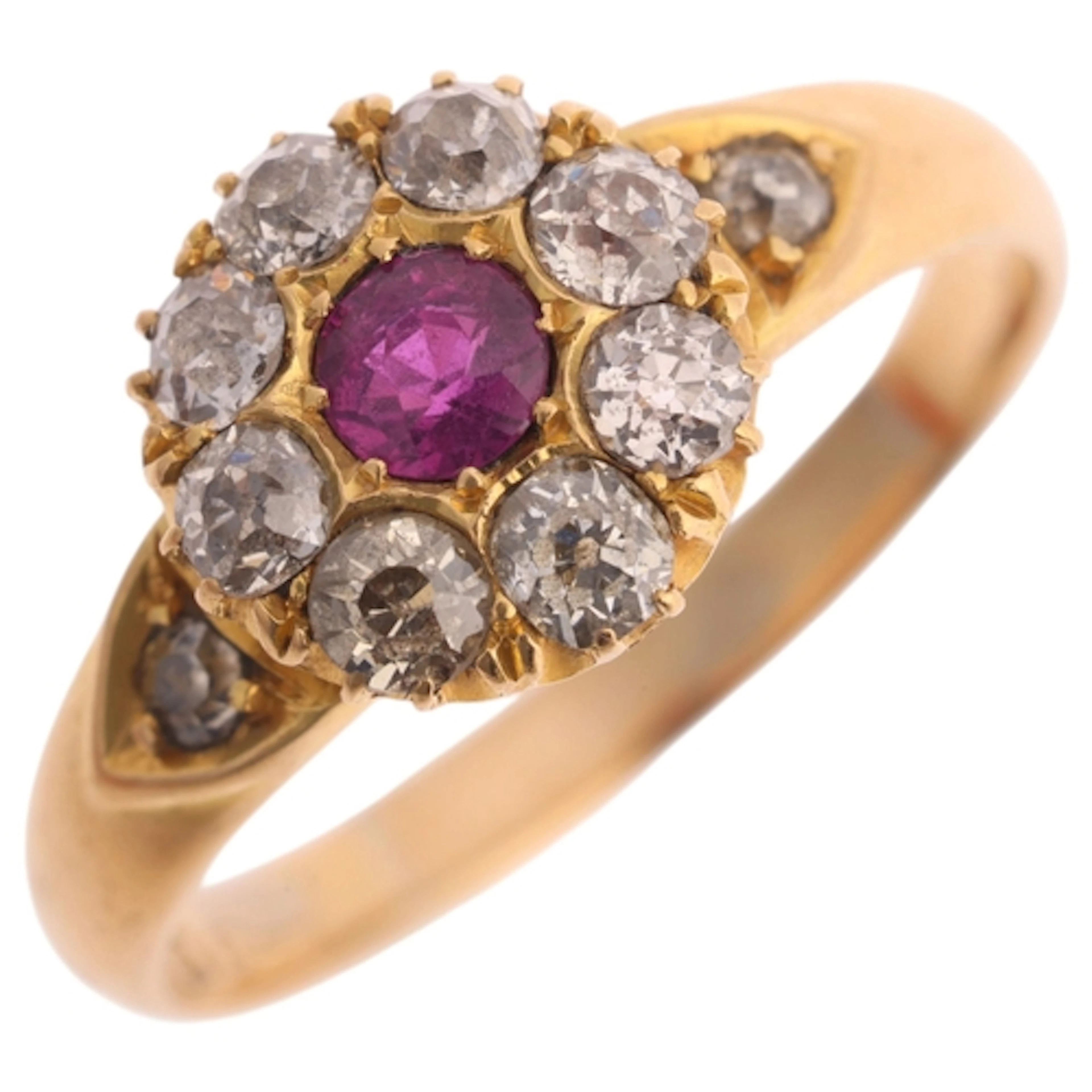 An Antique 18ct gold ruby and diamond cluster ring, set with...