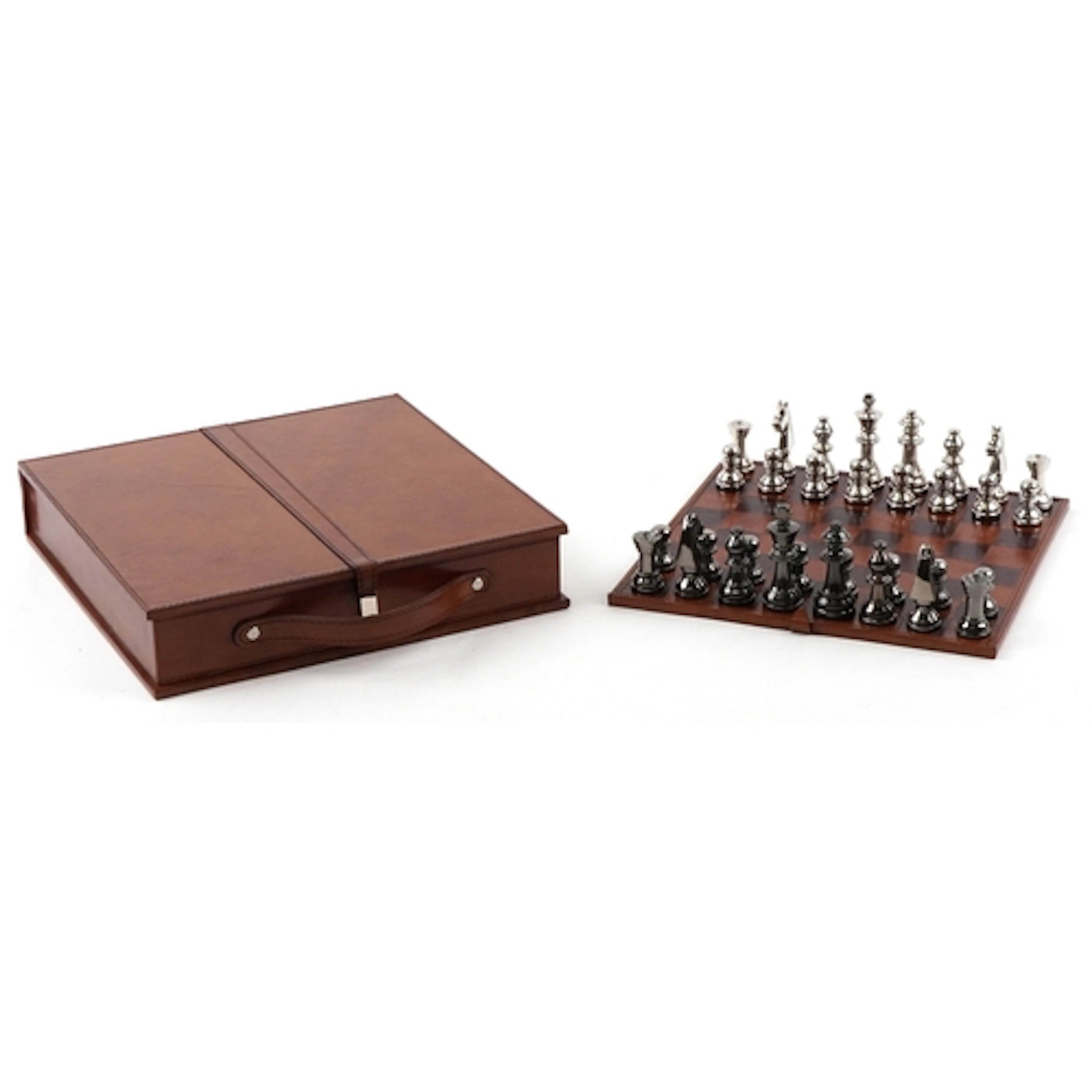 Polished metal chess set with suede interior, 7cm H x 33cm W...