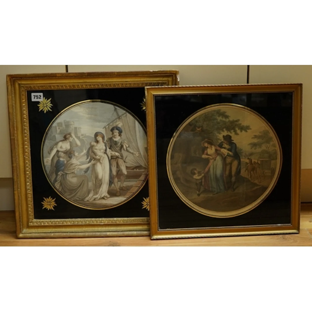 After Bartolozzi, figures before a carriage, tondo, together...