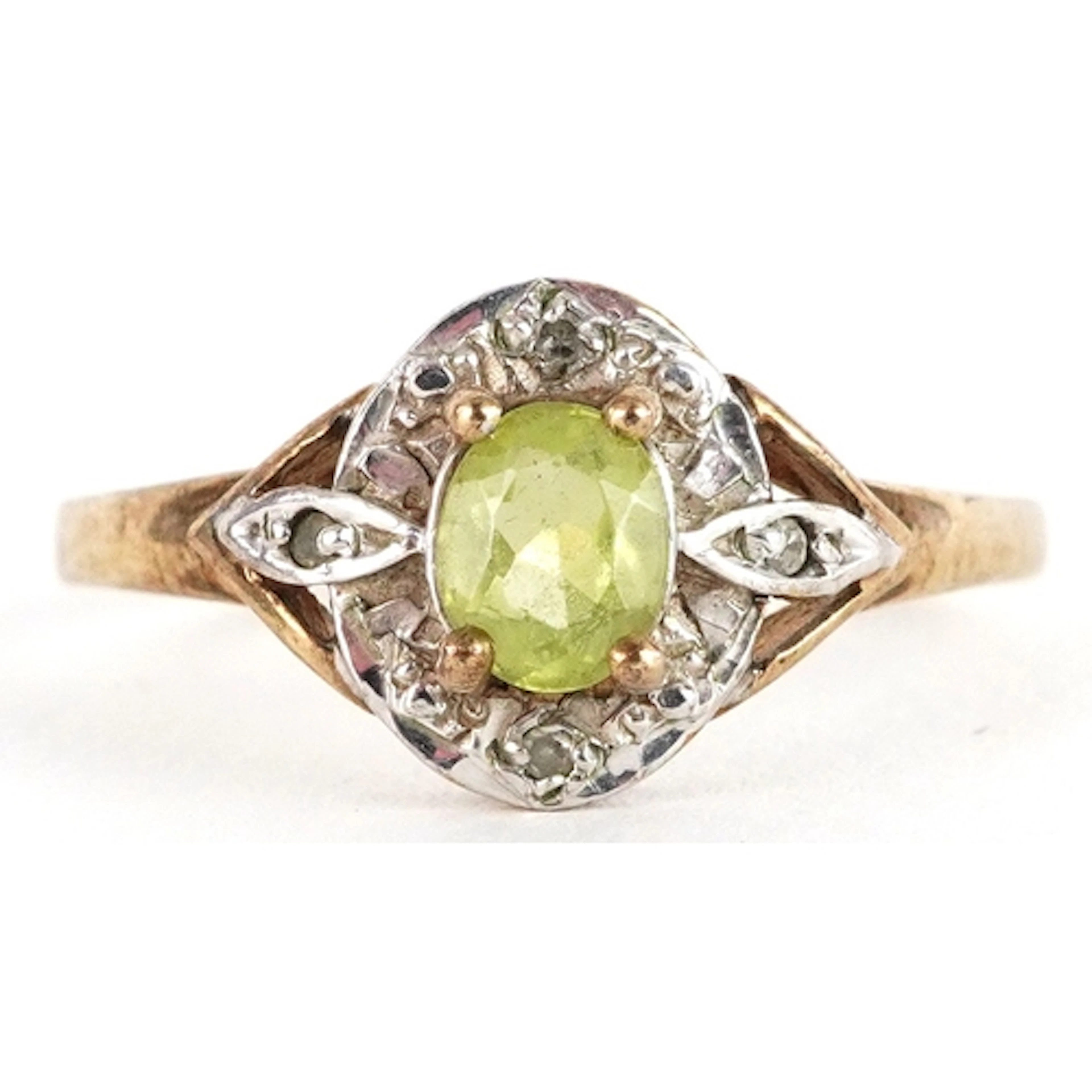 9ct gold green and clear stone cluster ring, size K/L, 1.4g.