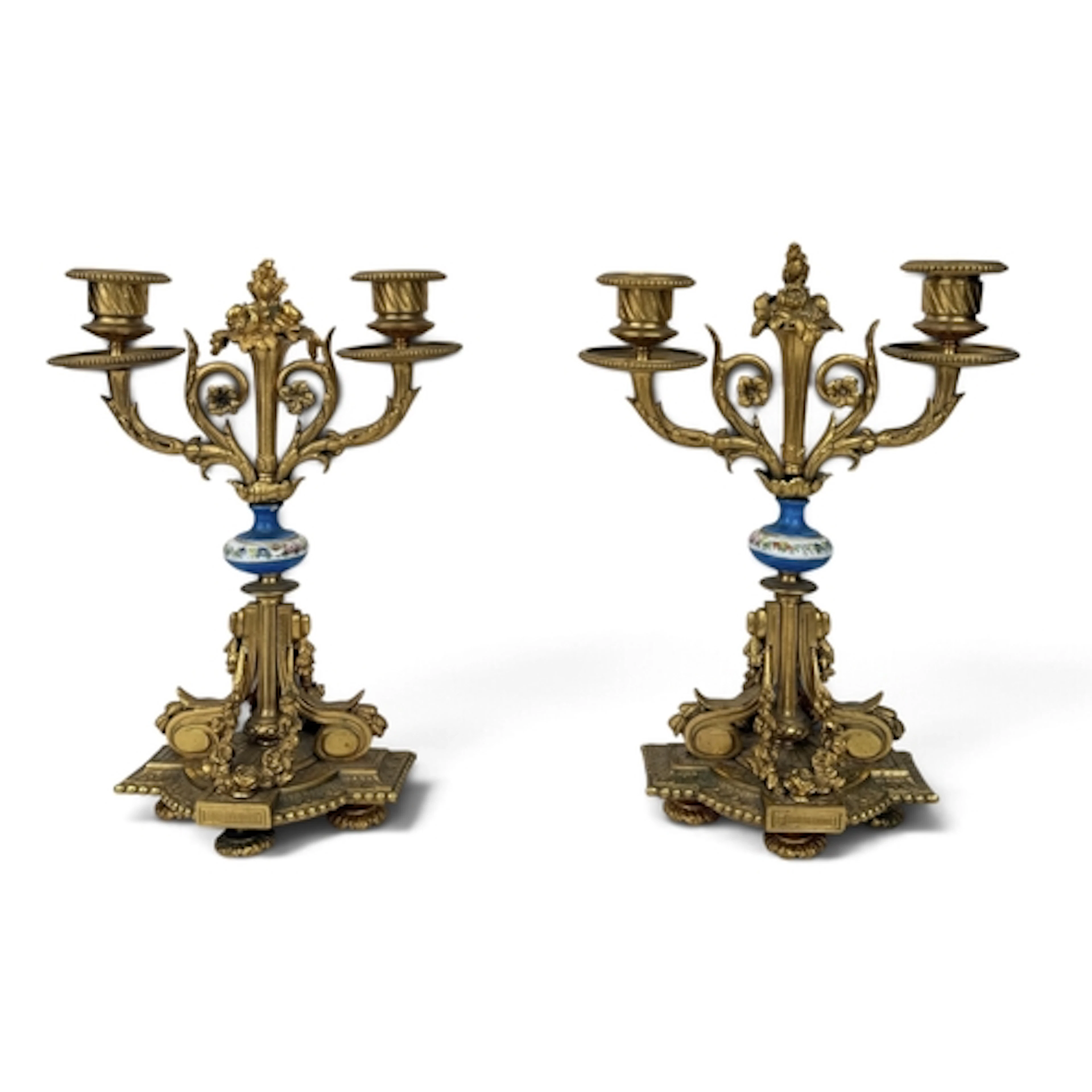 A PAIR OF 19TH CENTURY FRENCH GILT BRONZE AND PORCELAIN CAND...
