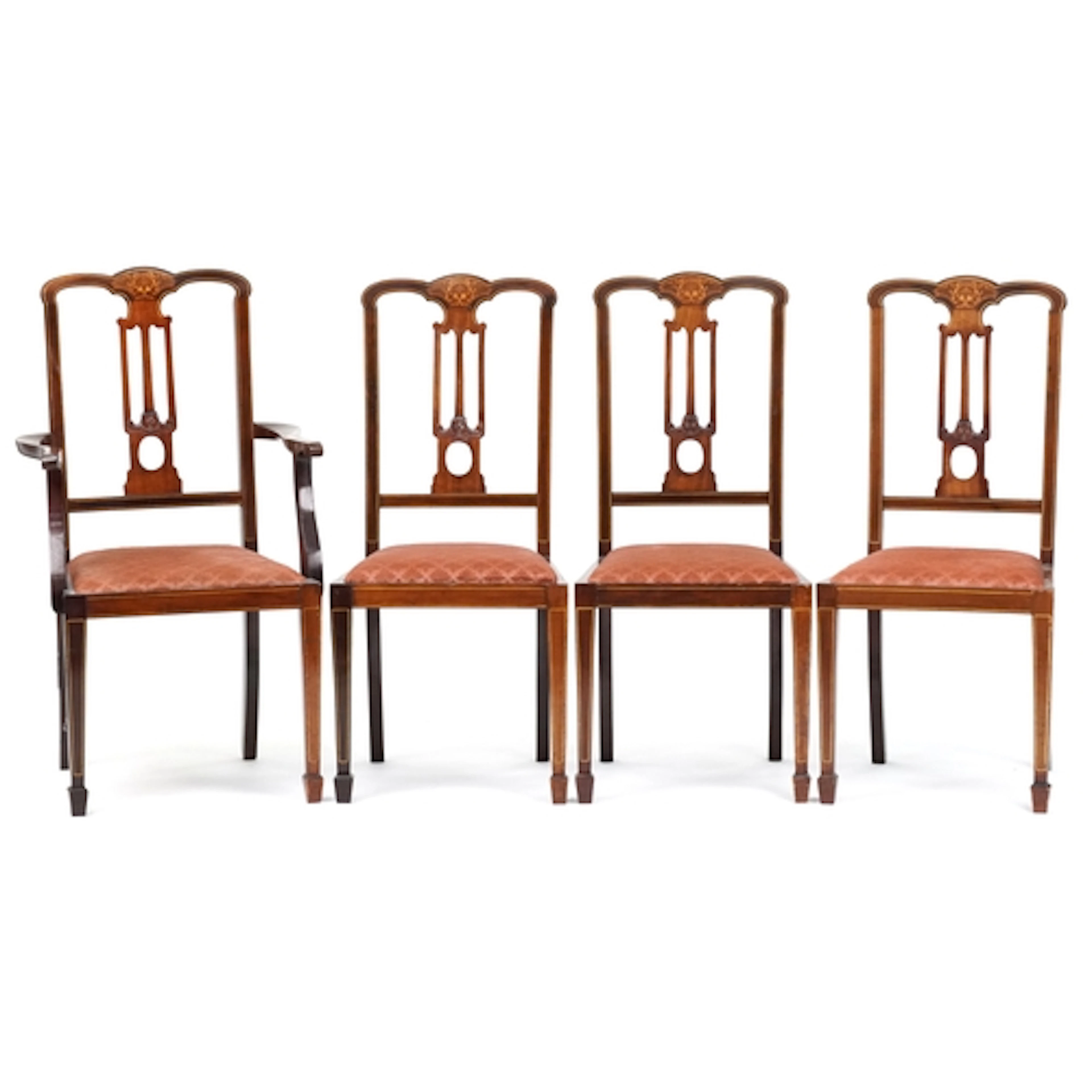 Four Edwardian inlaid mahogany dining chairs comprising one ...