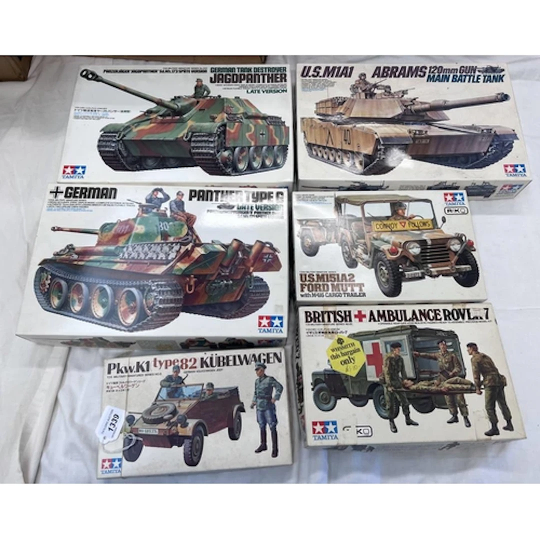SIX TAMIYA UNMADE PLASTIC MODEL KITS INCLUDING BRITISH 34 TO...