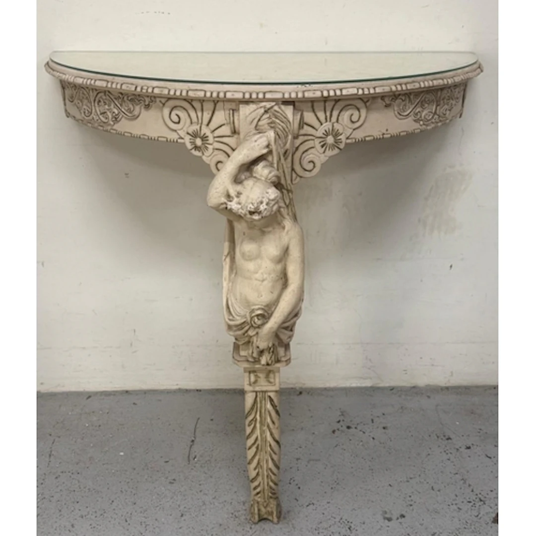 A French style white painted Demi-lune console table with gl...