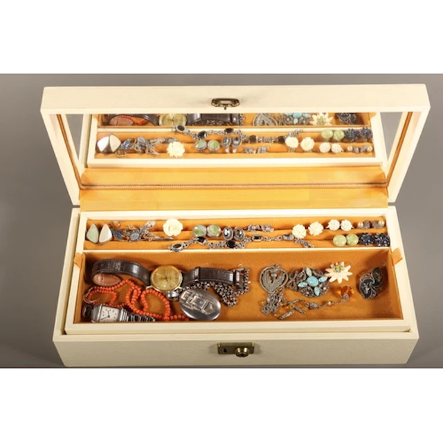 Box of costume jewellery to include a silver and marcasite b...
