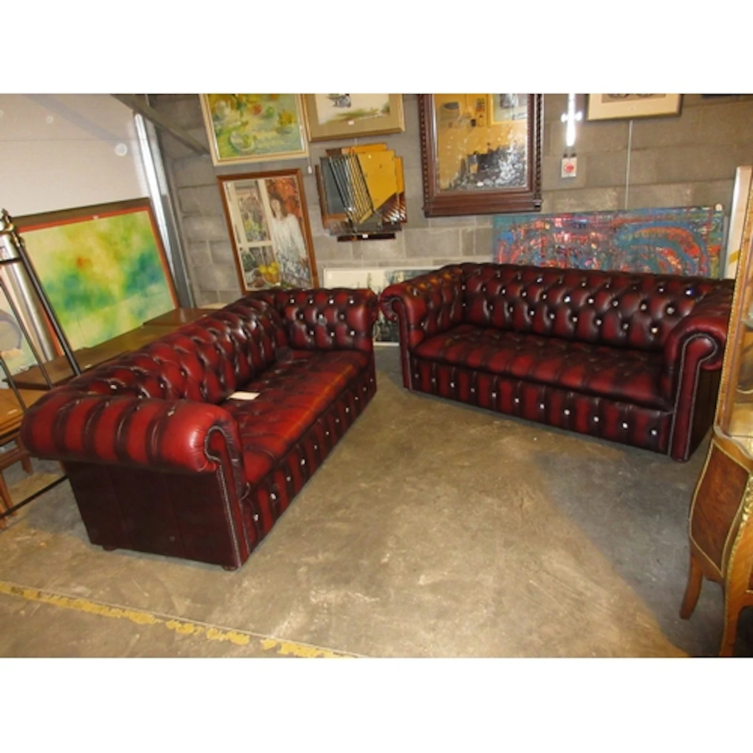 Pair of Chesterfield Burgundy Deep Buttoned Leather Settees ...