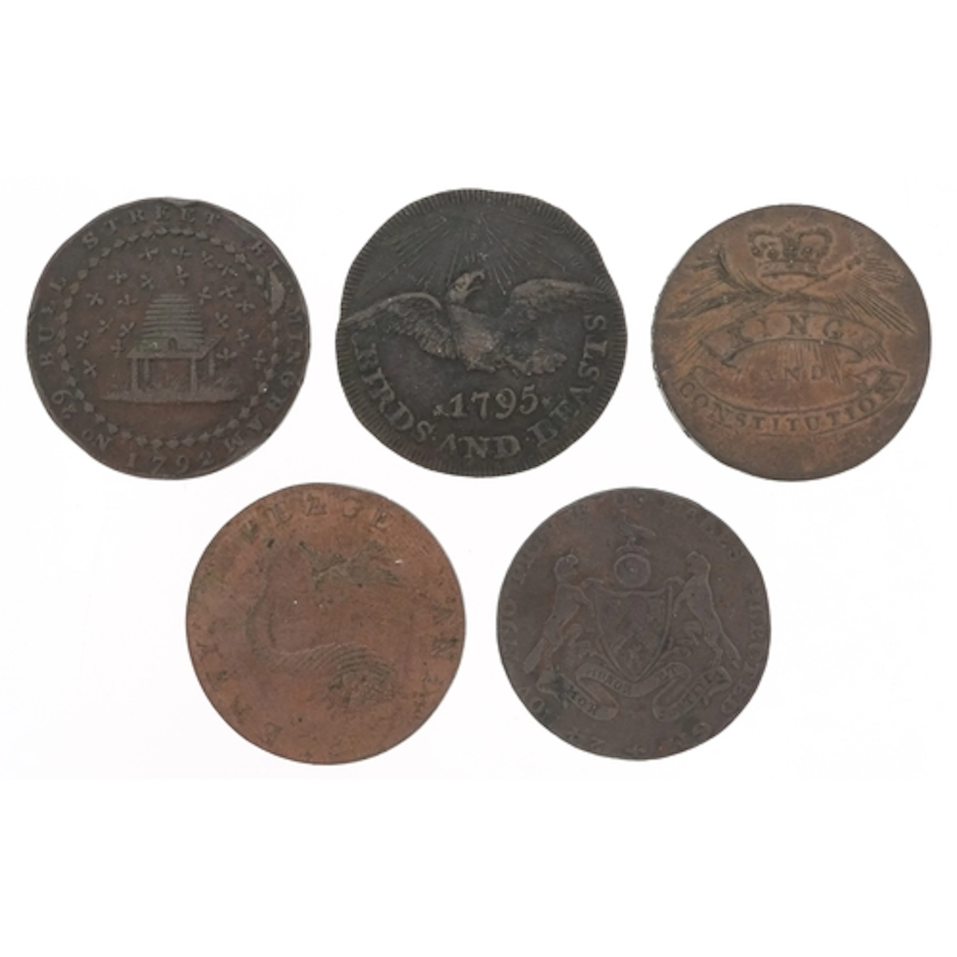 Five 18th century copper halfpenny tokens including Pidcock'...