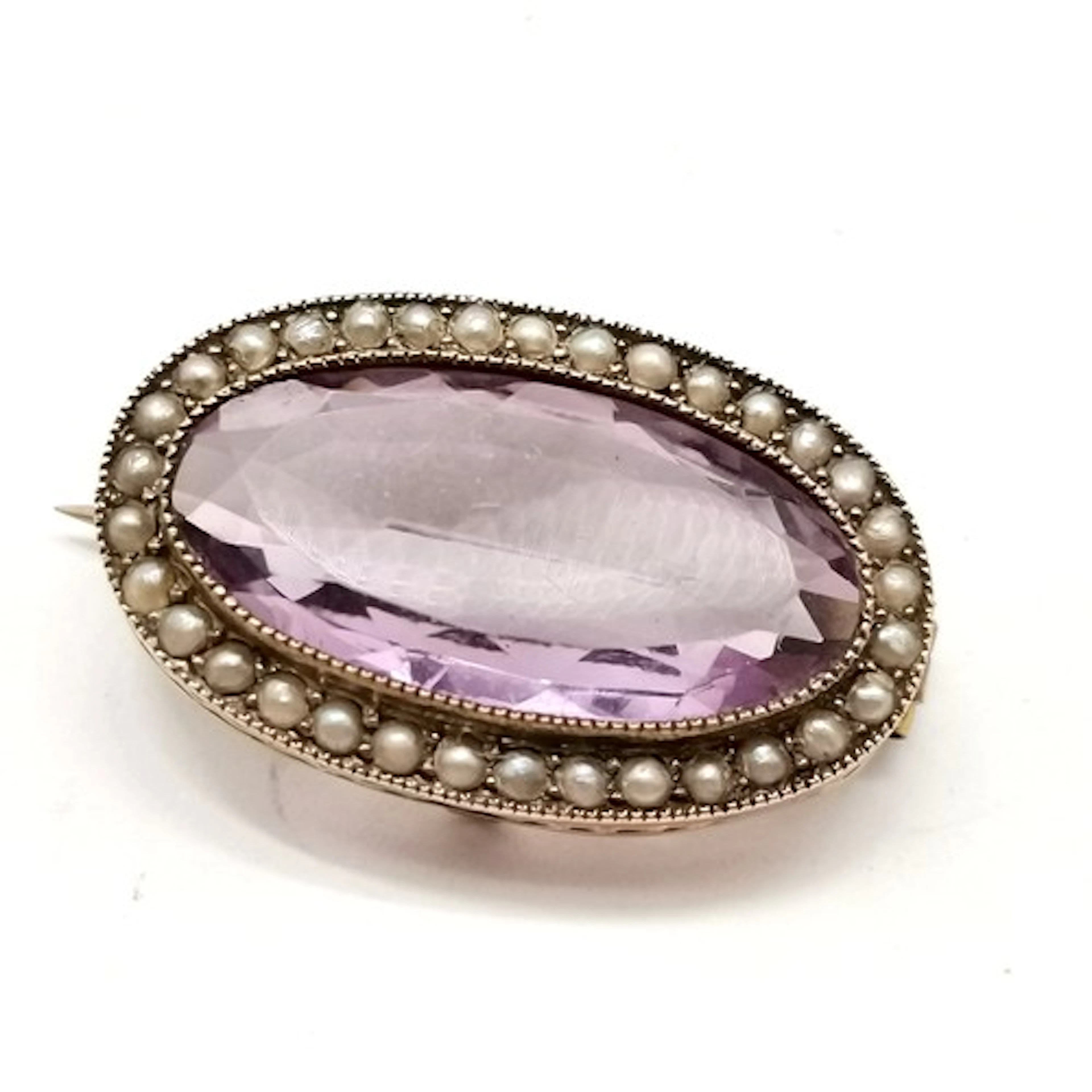 Antique unmarked (touch tests as) gold amethyst & seed pearl...