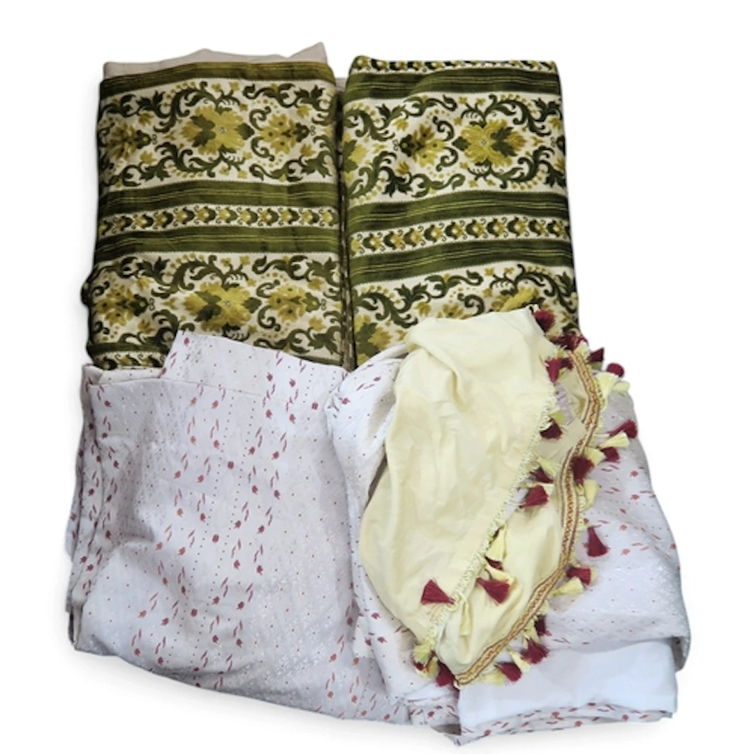 Two pairs of curtains, one with green and yellow chenille fo...