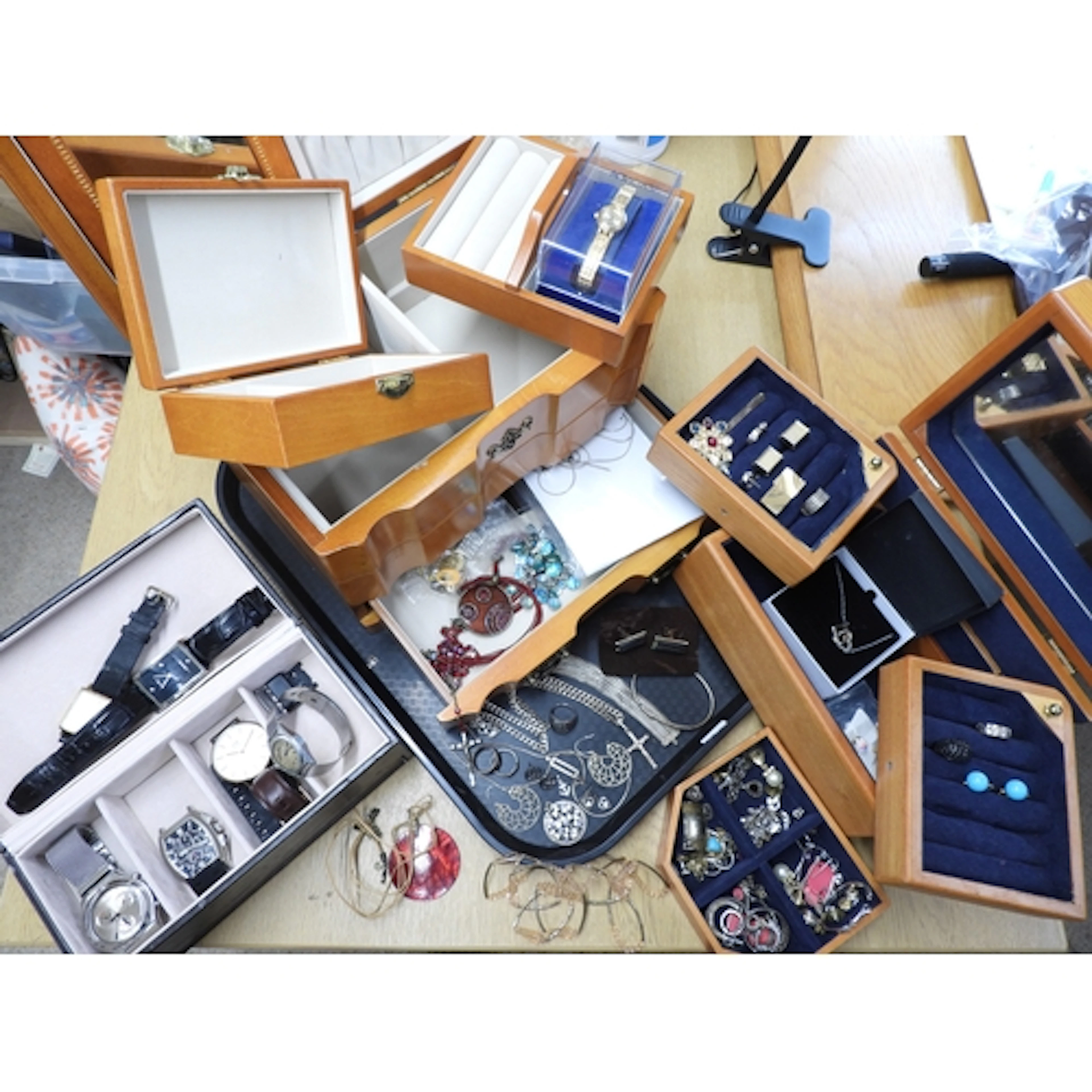 Three jewellery boxes, with a collection of silver and costu...