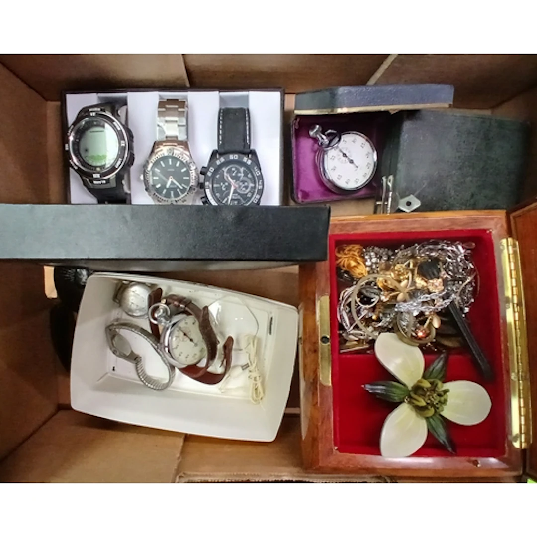 A mixed box containing costume jewellery, watches, stopwatch...
