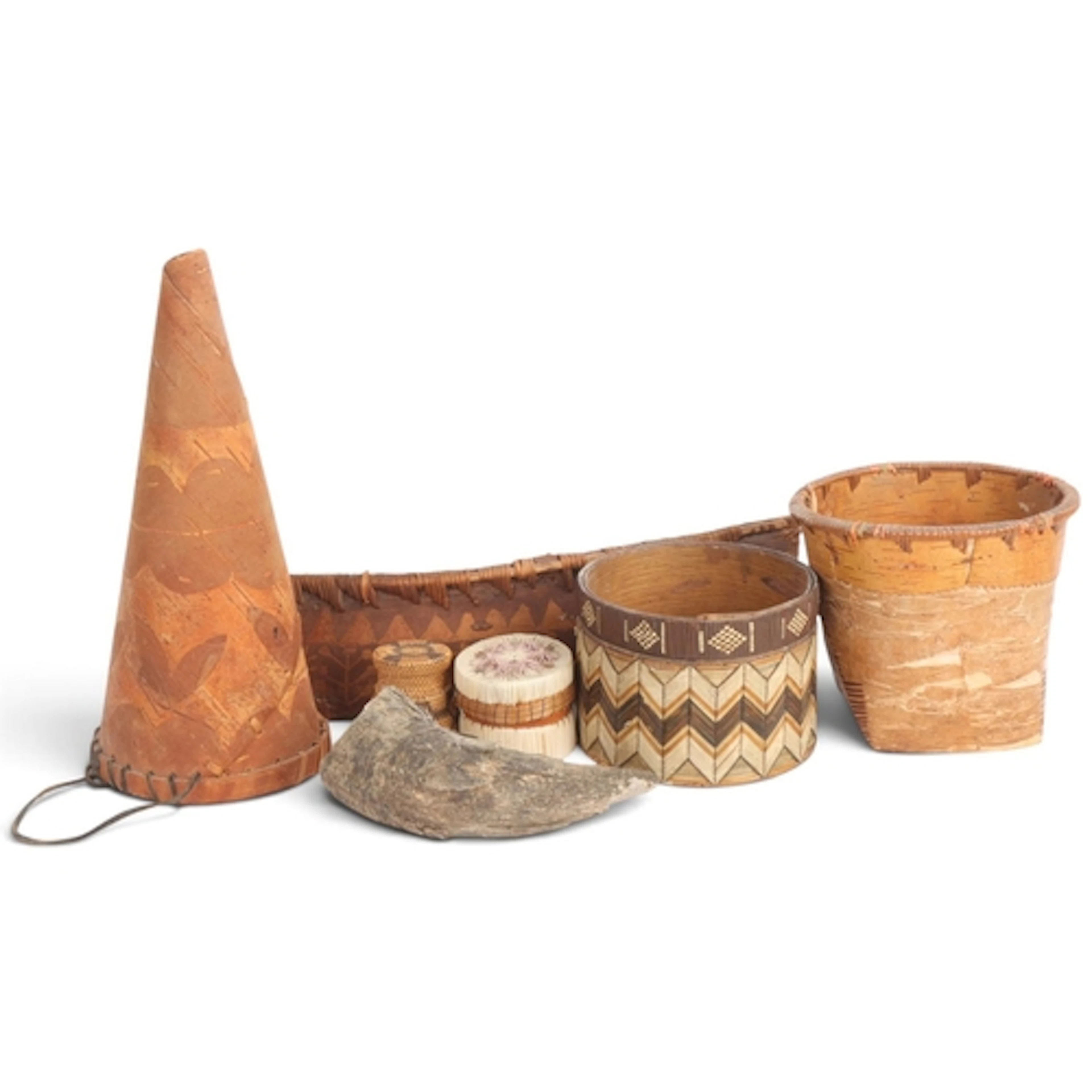 A group of Native American artefacts, including a birch bark...