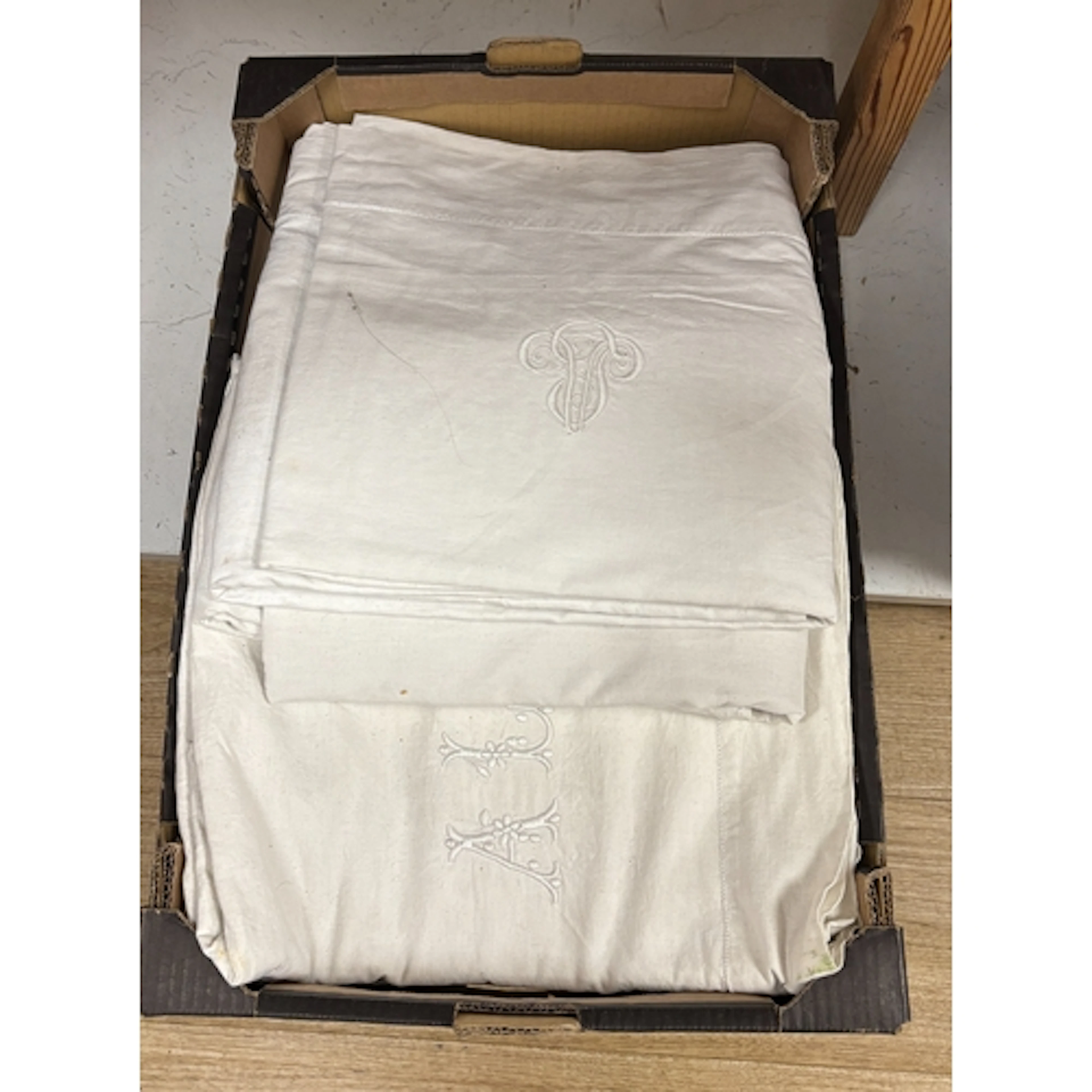 Six vintage French monogrammed linen sheets