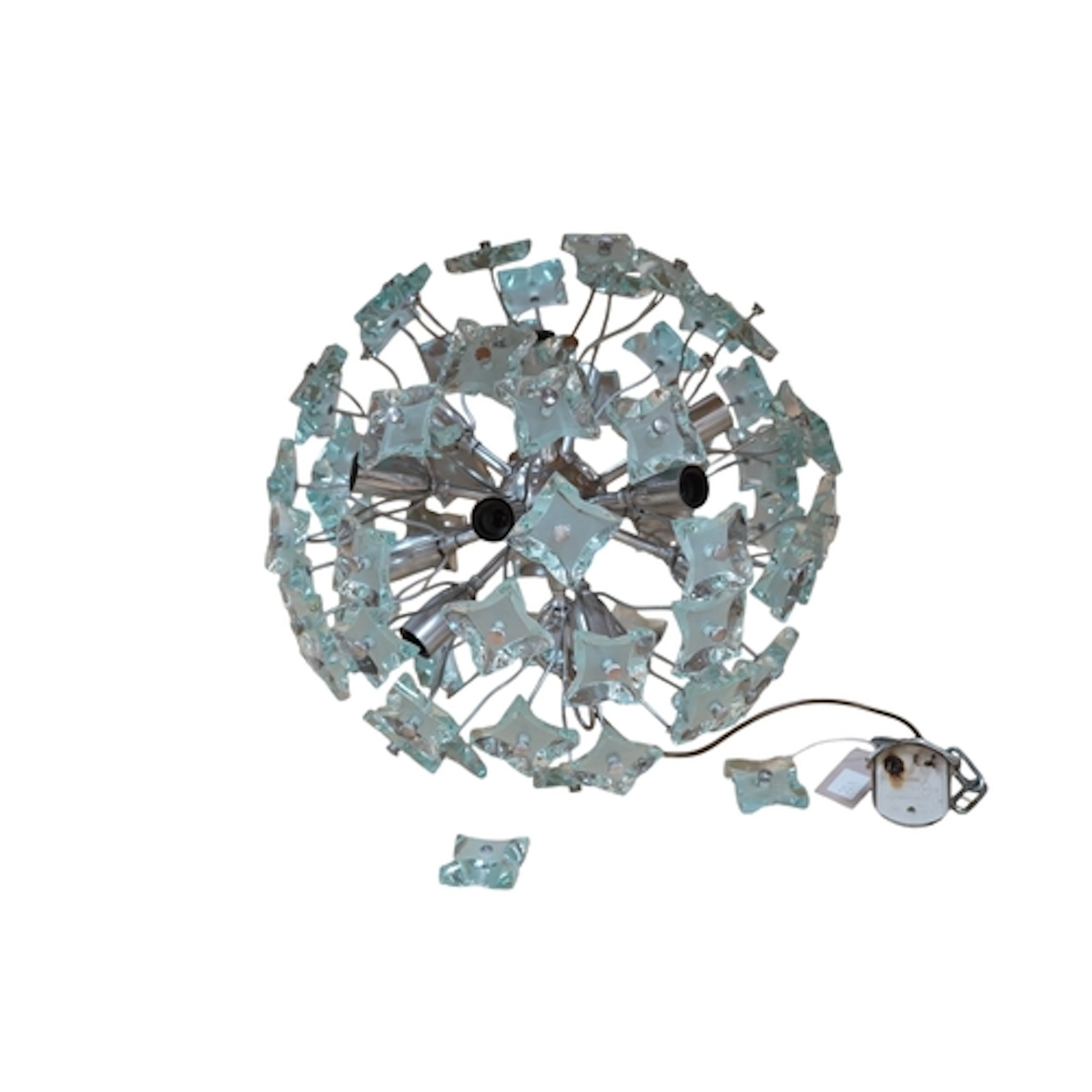 A 1960's chrome and glass chandelier, spherical, diameter 45...