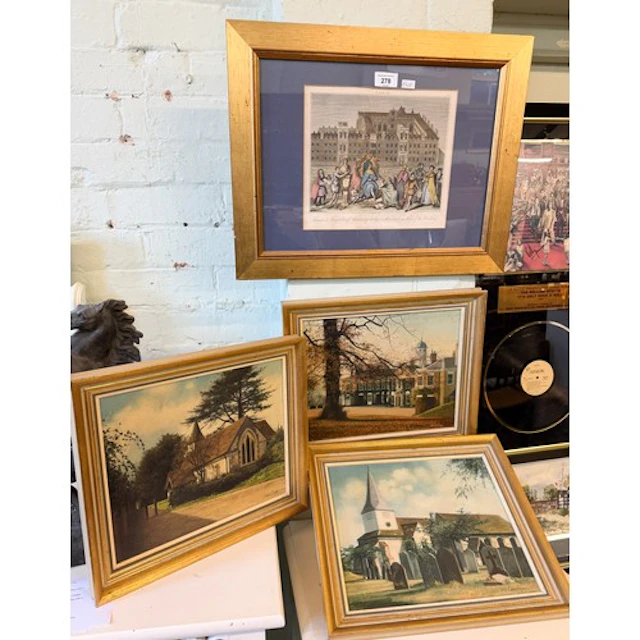 Three oil on canvas paintings of churches and a gilt framed ...