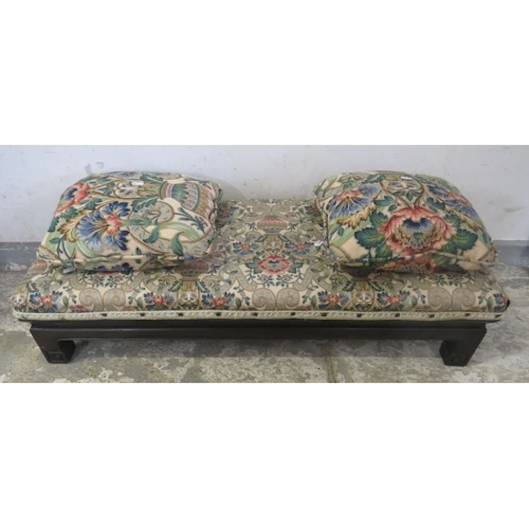 Vintage Double Footstool on dark wooden base, floral tapestr...