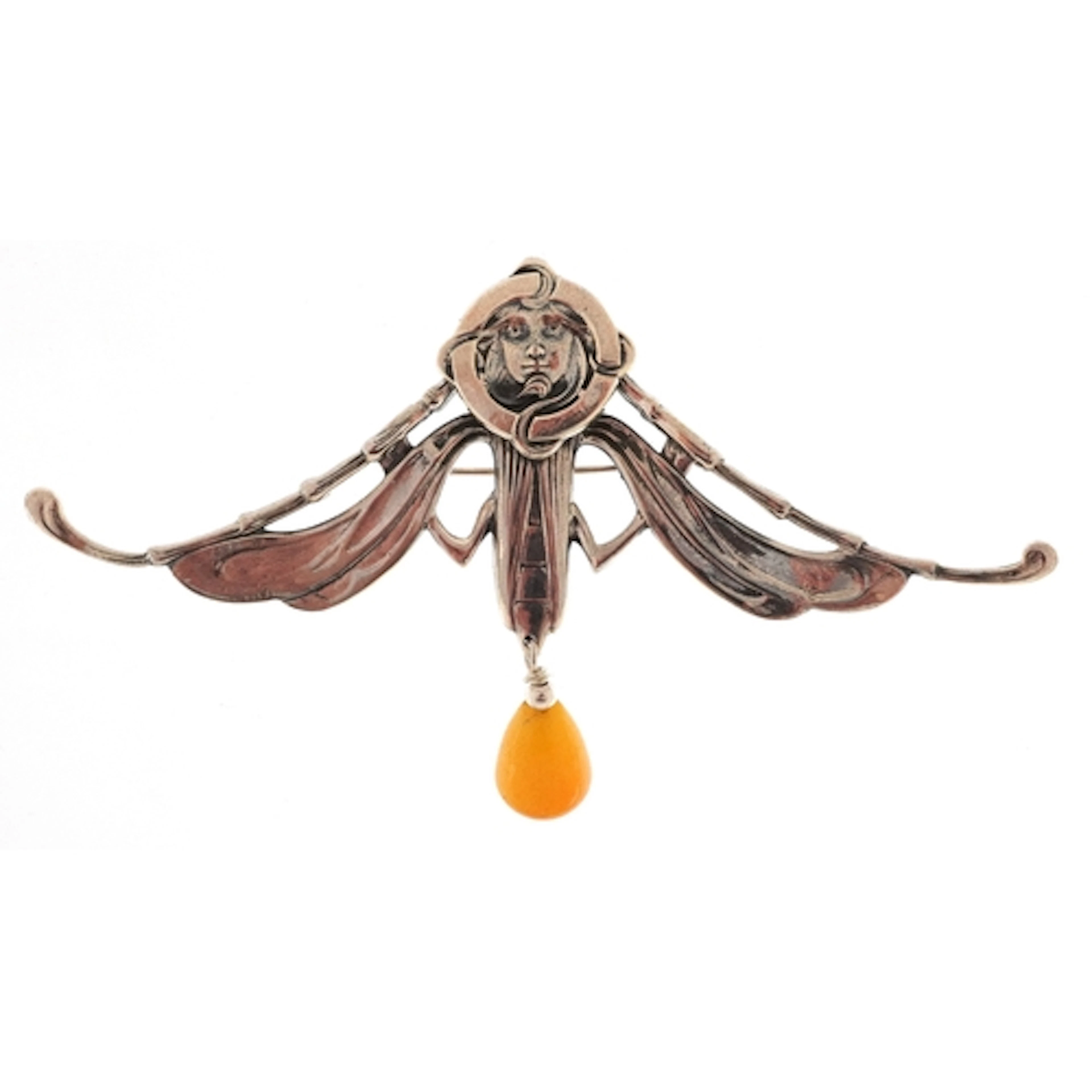 Egyptian Revival sterling silver brooch with amber coloured ...