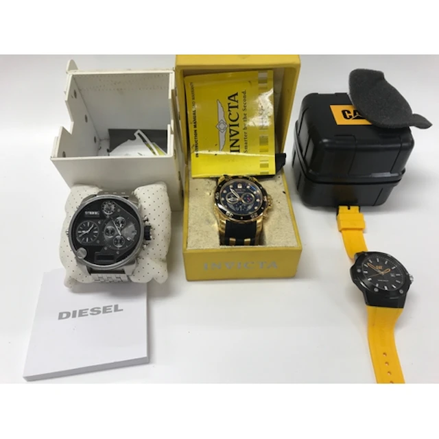 Three fashion watches including Diesel and Cat.