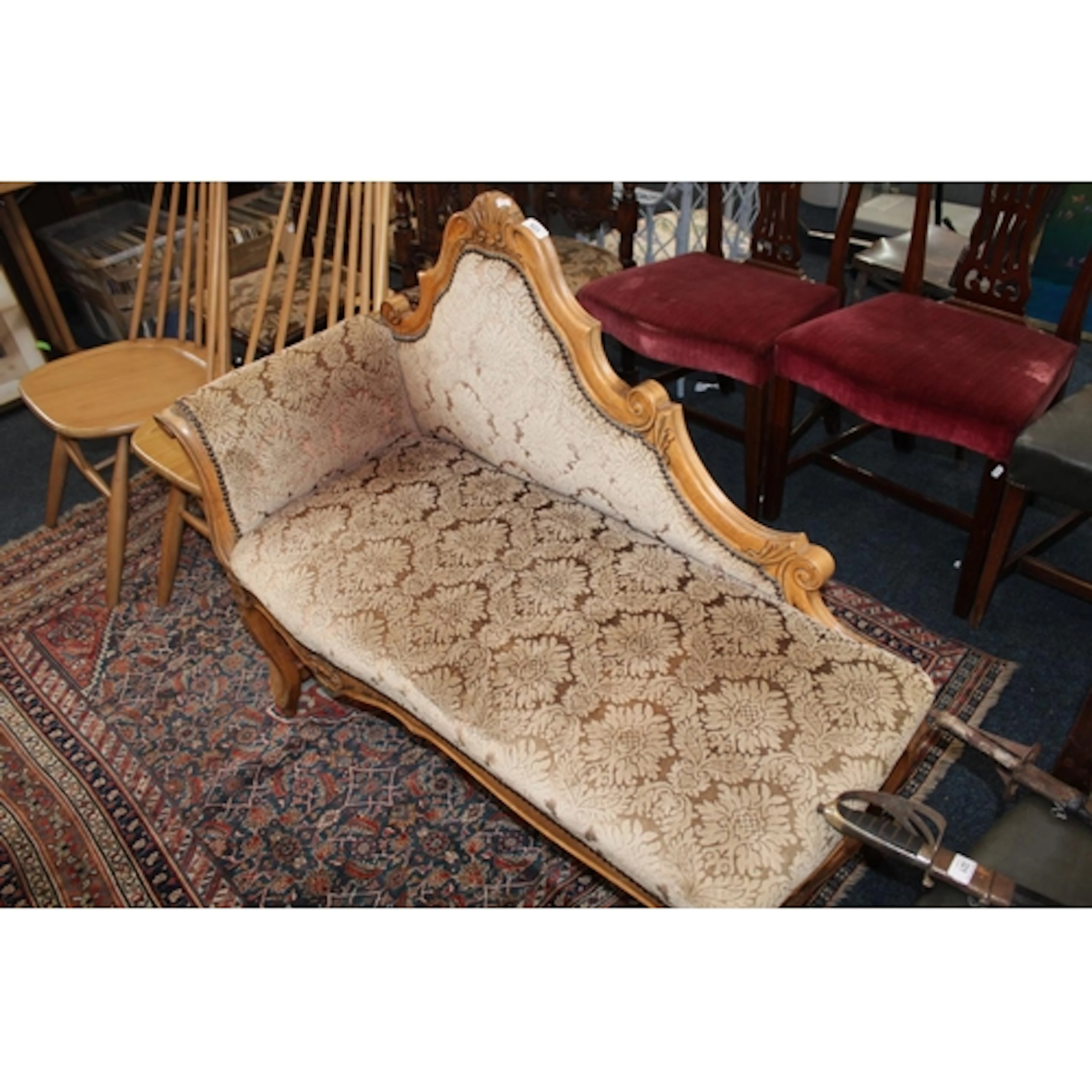 Antique style half size chaise longue, 108cm long.