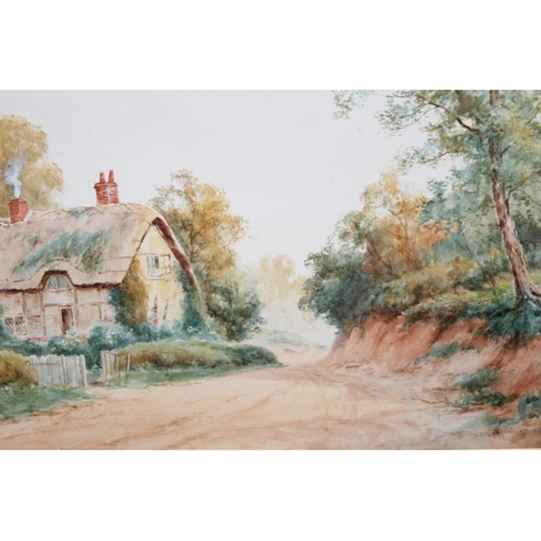 Dunford Joyce, watercolour, country lane with a thatched cot...