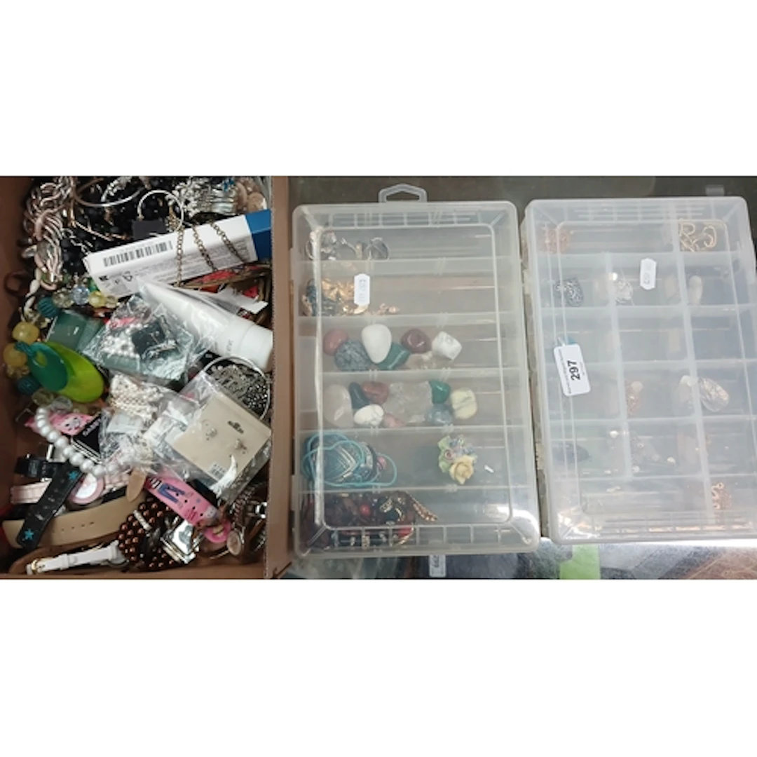 A box and 2 cases of costume jewellery.