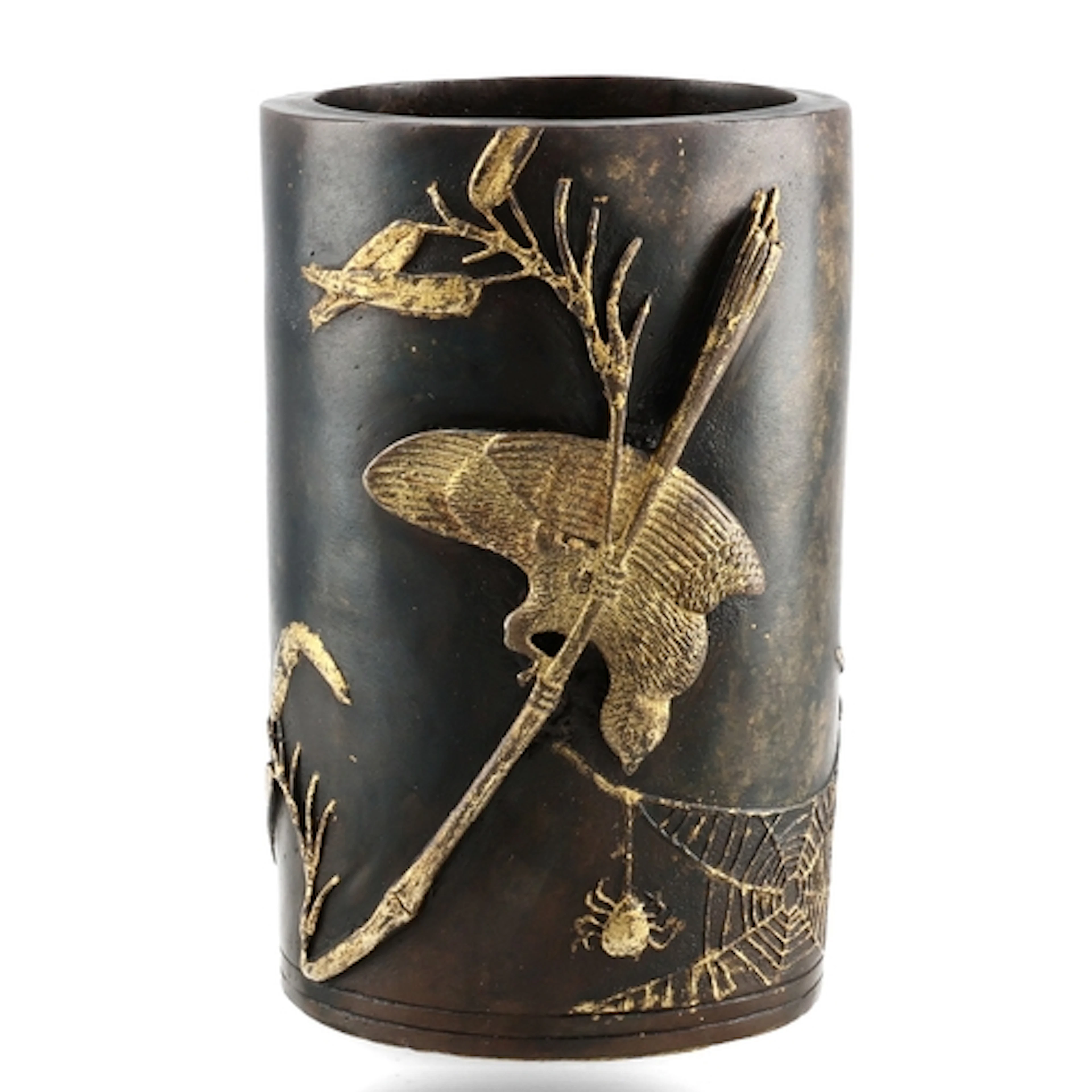 A JAPANESE MEIJI PERIOD BRUSH POT Depicting a bird preying o...