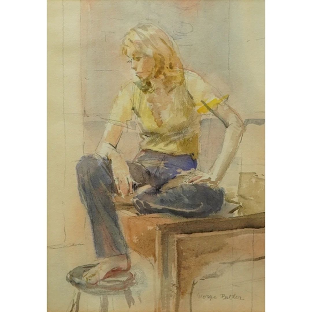 George Butler, study of a seated young woman, signed, waterc...