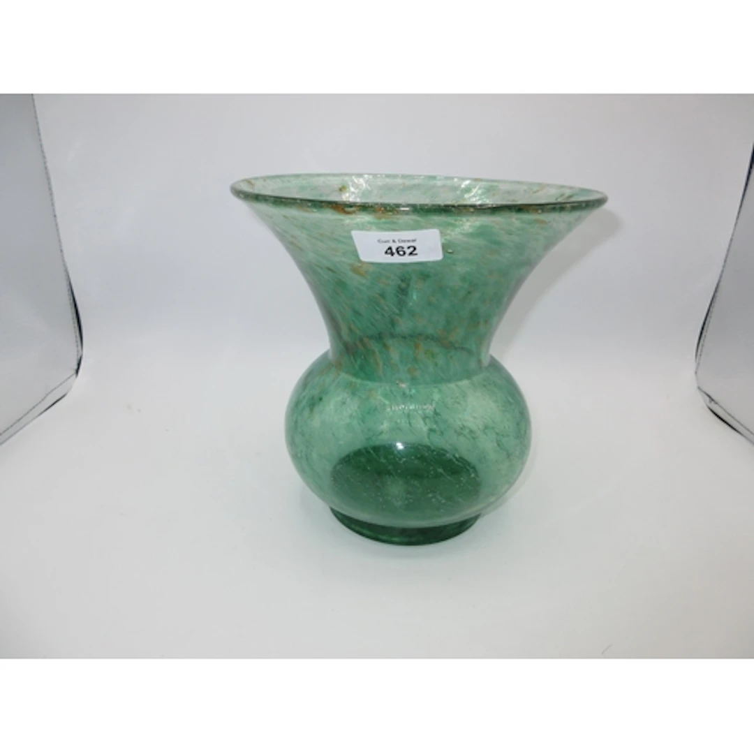 Monart Green Swirl Glass Vase with Gold Inclusions, 21cm