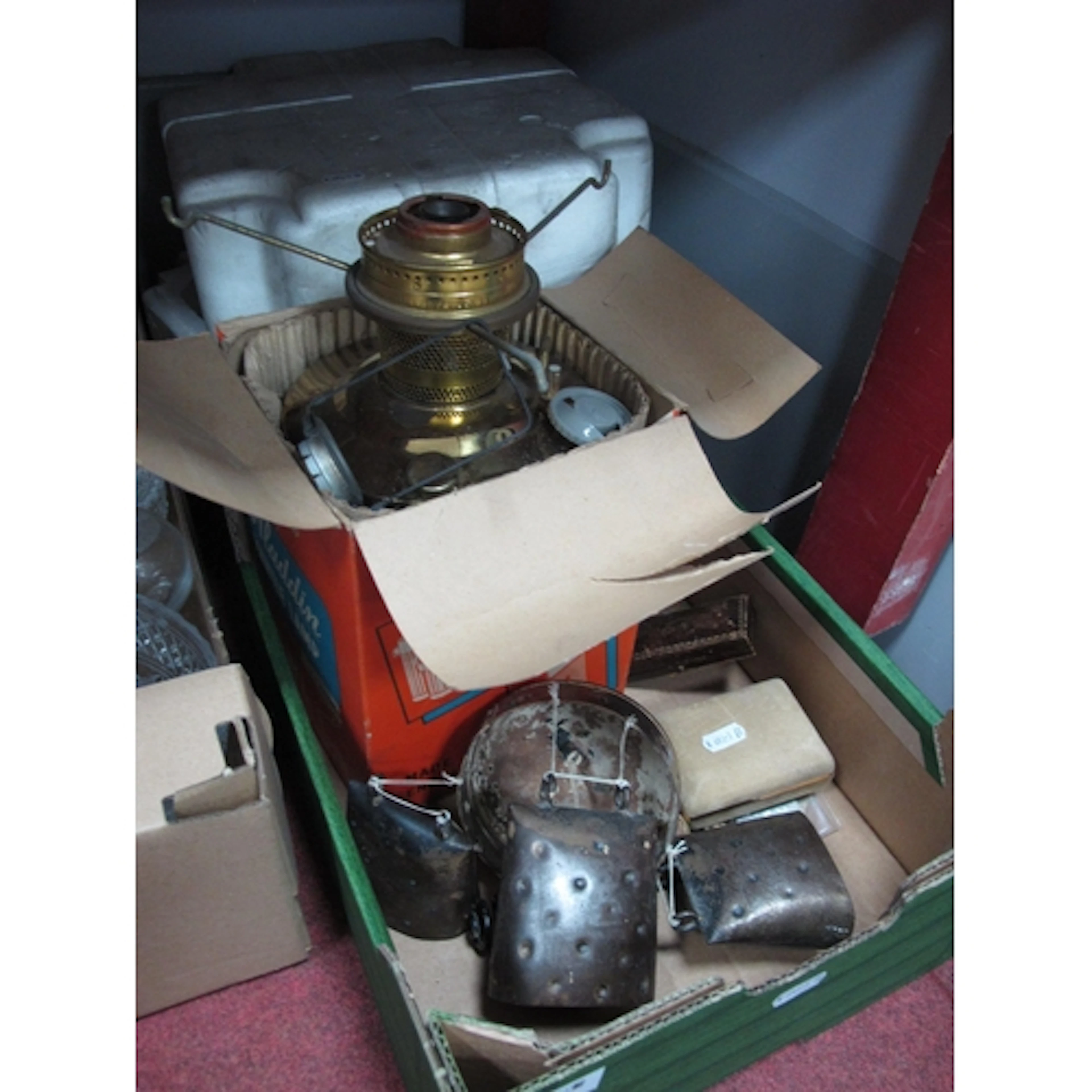 Collectables, including vintage boxed Aladdin brass mantel o...