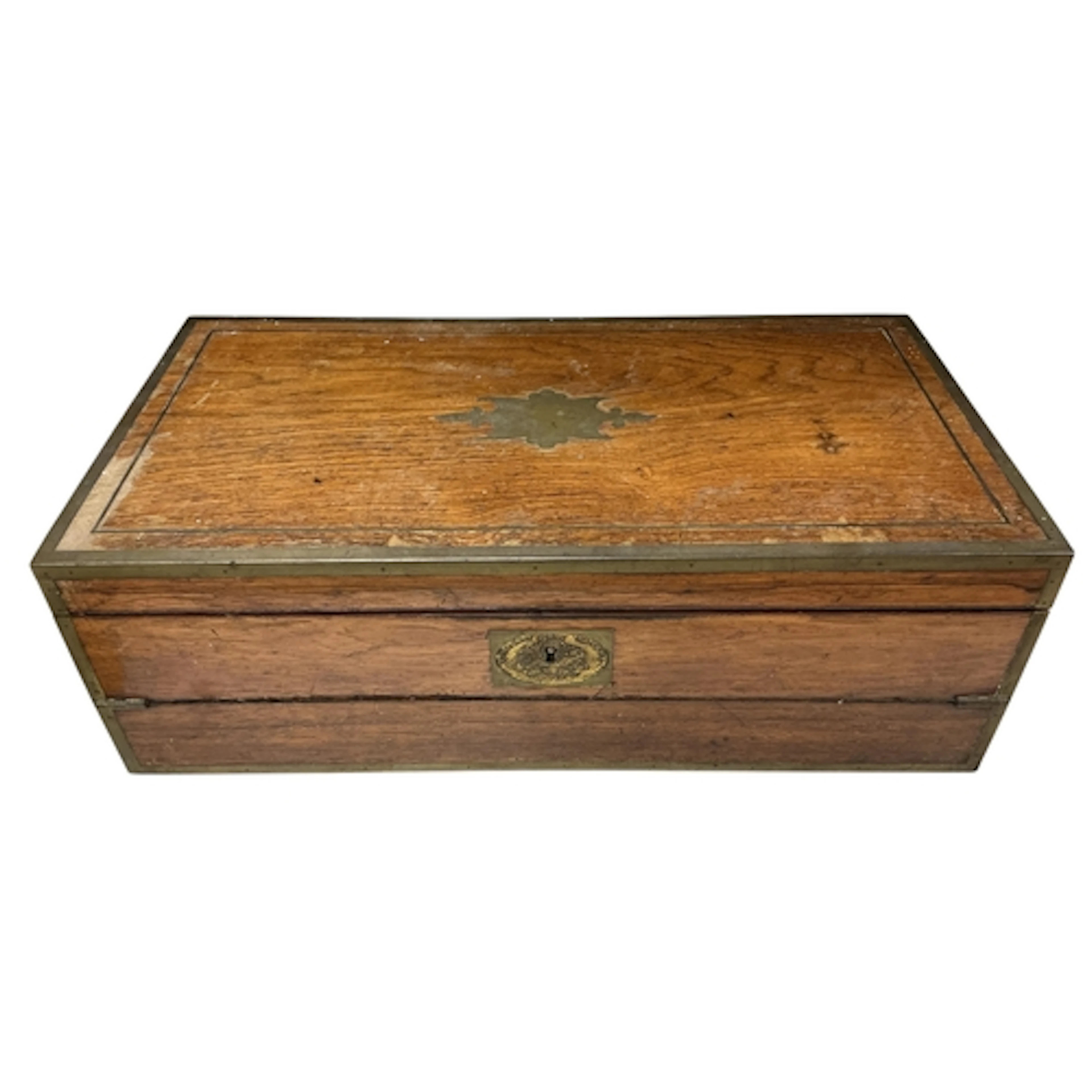 A Victorian brass mounted teak writing slope, width 50cm....