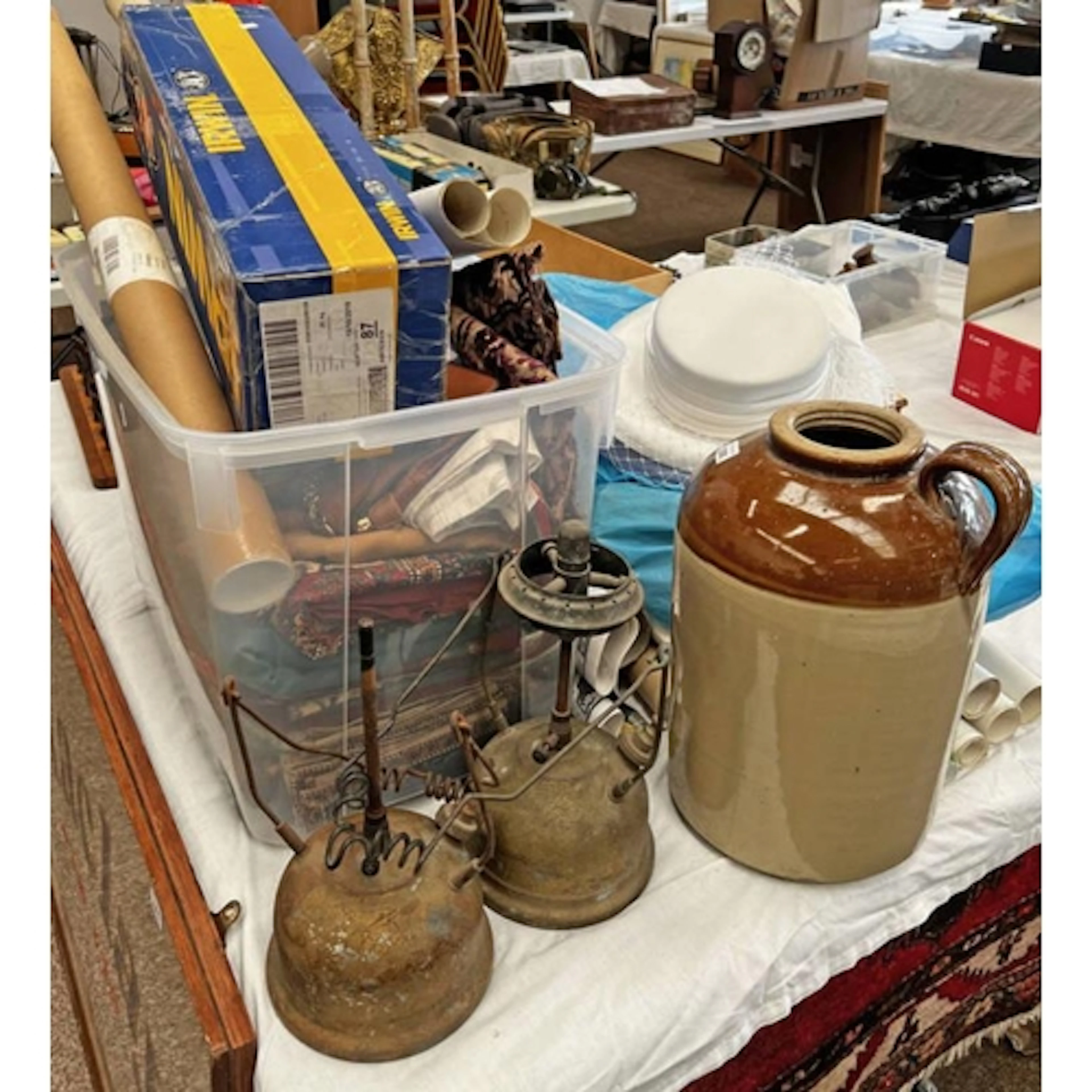 2 TILLEY LAMPS, STONEWARE FLAGON, HATS, HANDBAGS, CURTAINS, ...
