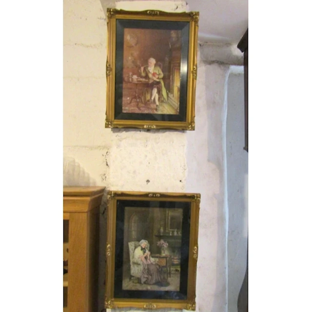 Pair of Antique Gilt Framed Lithographs Depicting Domestic S...