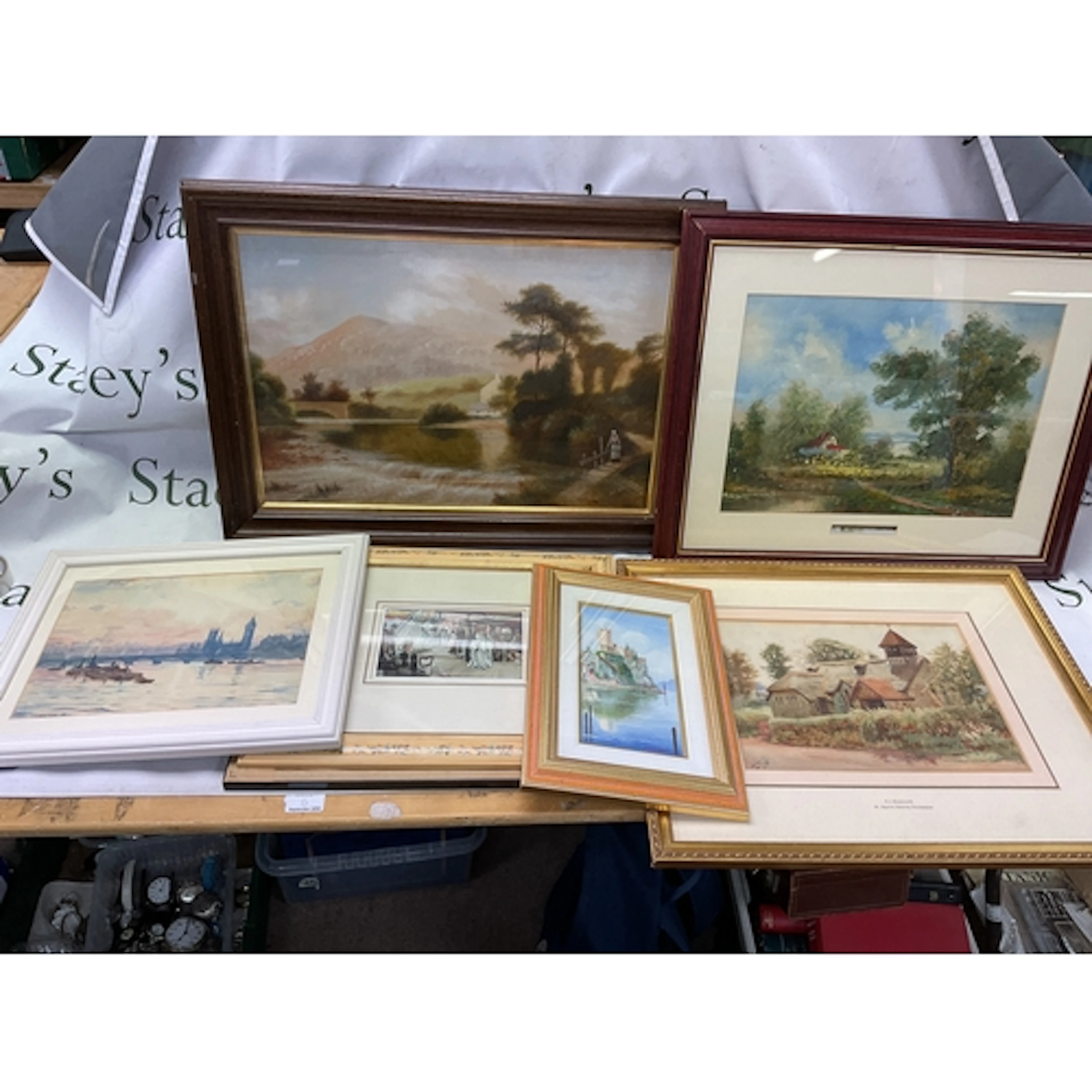 Six framed and glazed mixed paintings