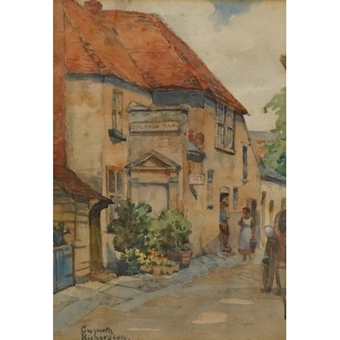 Gwyneth Richardson, street scene with figures, signed, water...