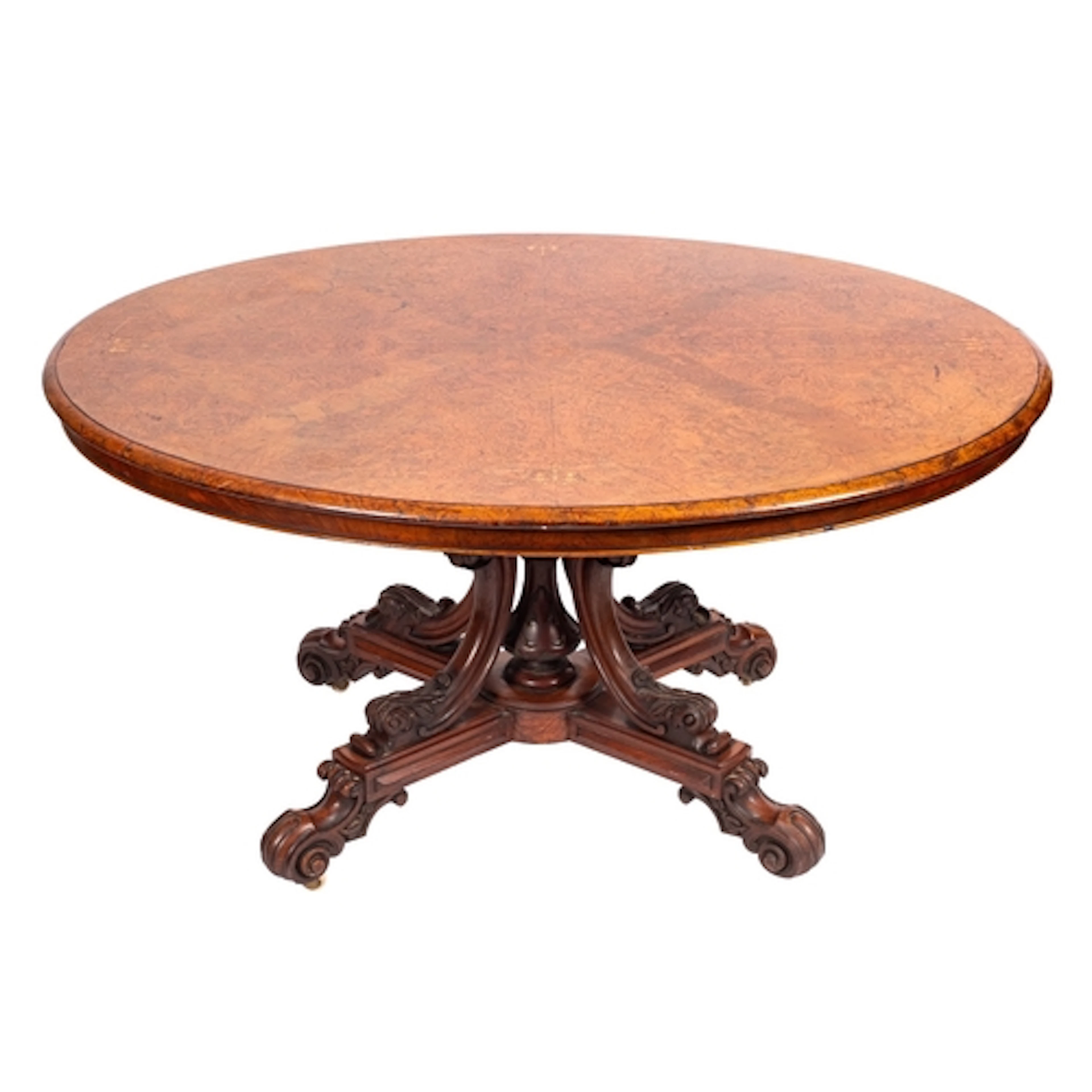 A Victorian burr walnut and marquetry oval centre table, thi...
