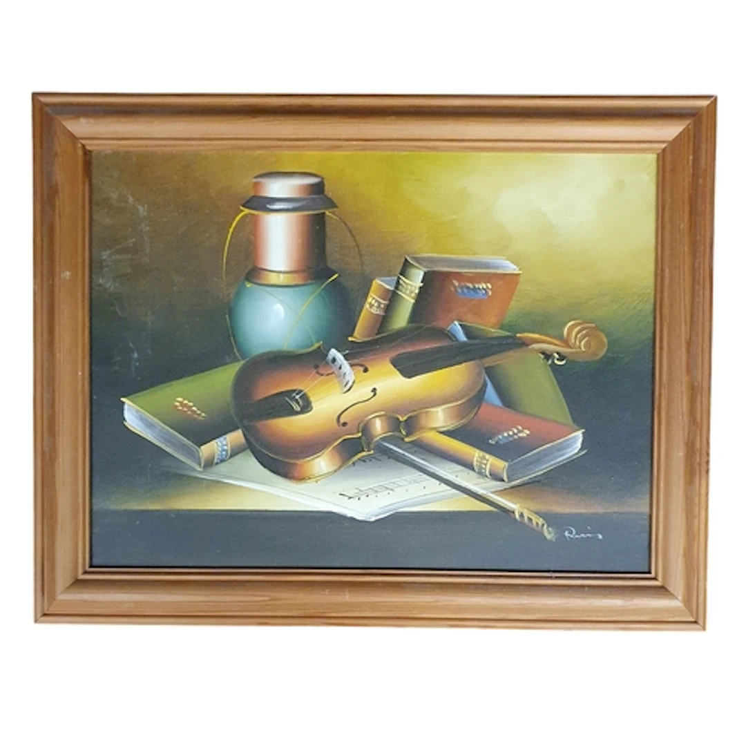 Three 20th Century Oils. One a still life of a fiddle and bo...