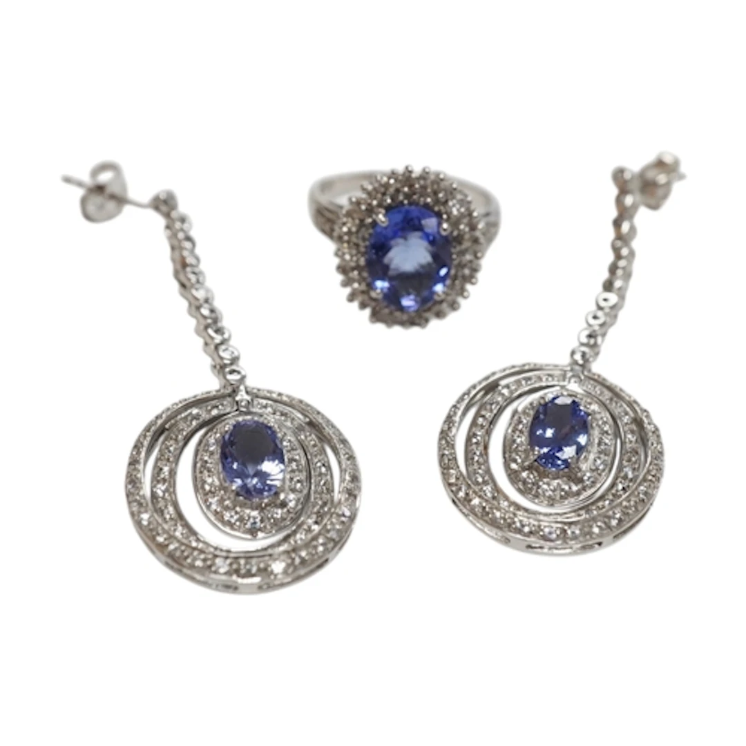 A pair of tanzanite and simulant diamond earrings and ring, ...